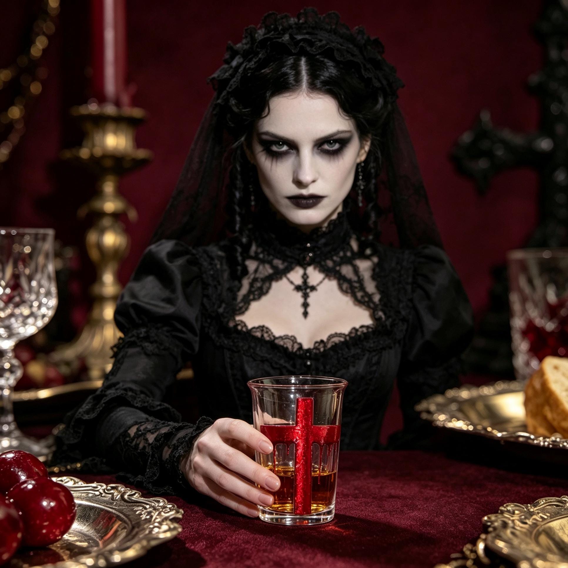 Blood Cross Gothic Hand Painted Glass Vampire Dark Academia Decor