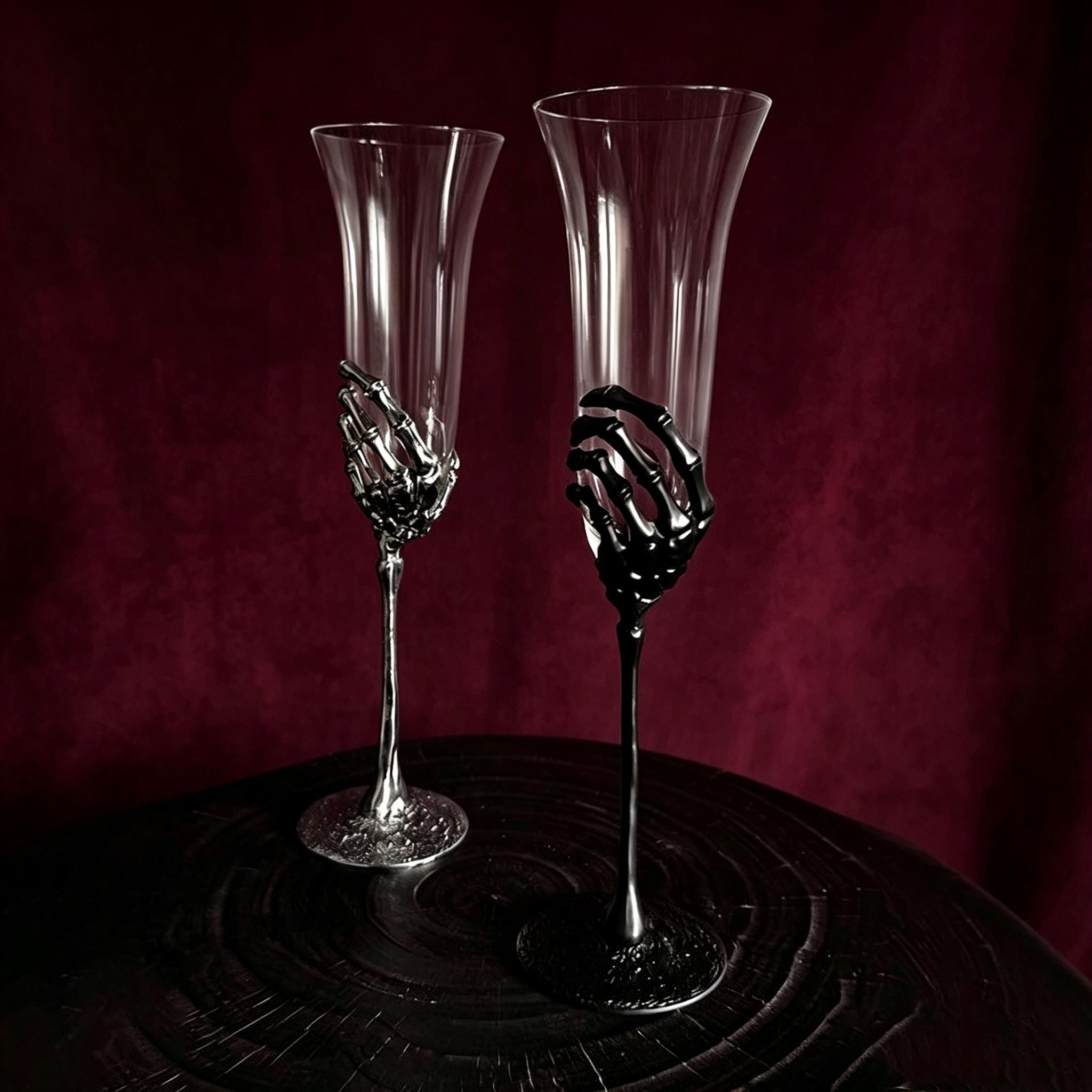 MourningGardenStudio Skeleton Hand Champagne Flute Gothic Wedding Toast Glass