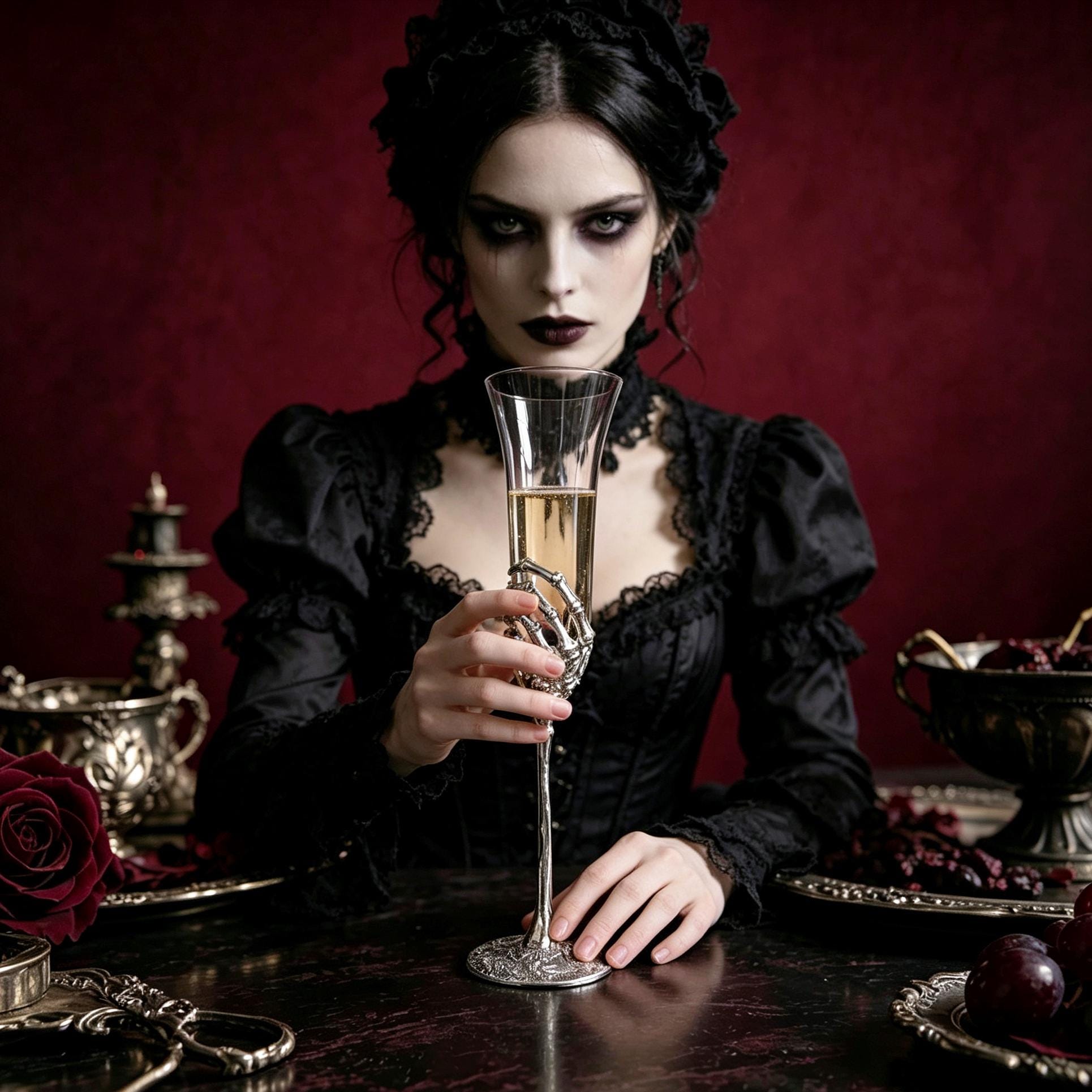 MourningGardenStudio Skeleton Hand Champagne Flute Gothic Wedding Toast Glass