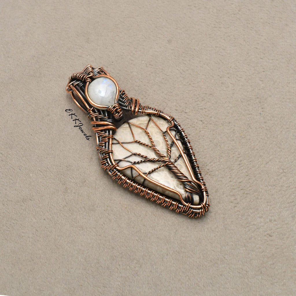 EkkJewels Handmade Fossil Coral Pendant Copper Wire Wrapped Necklace