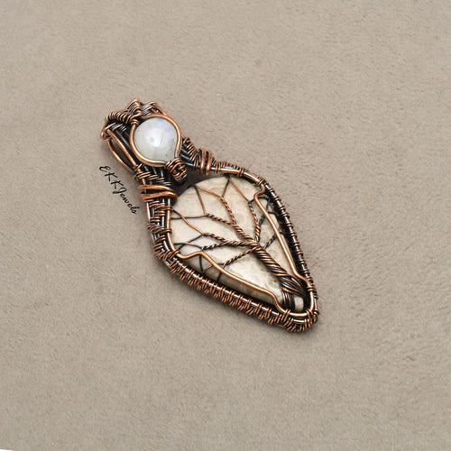 EkkJewels Handmade Fossil Coral Pendant Copper Wire Wrapped Necklace