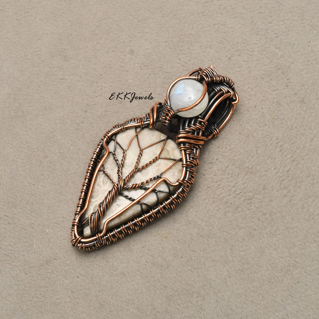 EkkJewels Handmade Fossil Coral Pendant Copper Wire Wrapped Necklace