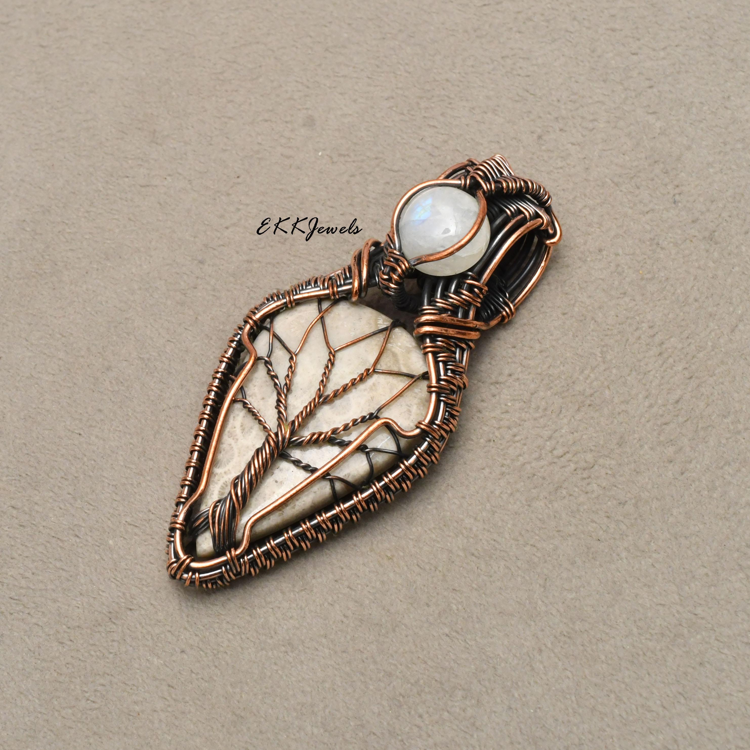 EkkJewels Handmade Fossil Coral Pendant Copper Wire Wrapped Necklace