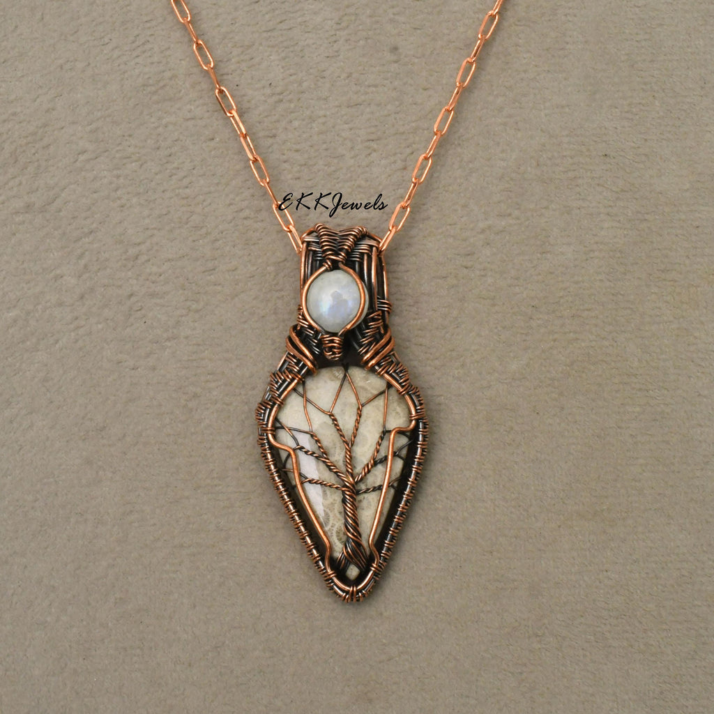 EkkJewels Handmade Fossil Coral Pendant Copper Wire Wrapped Necklace
