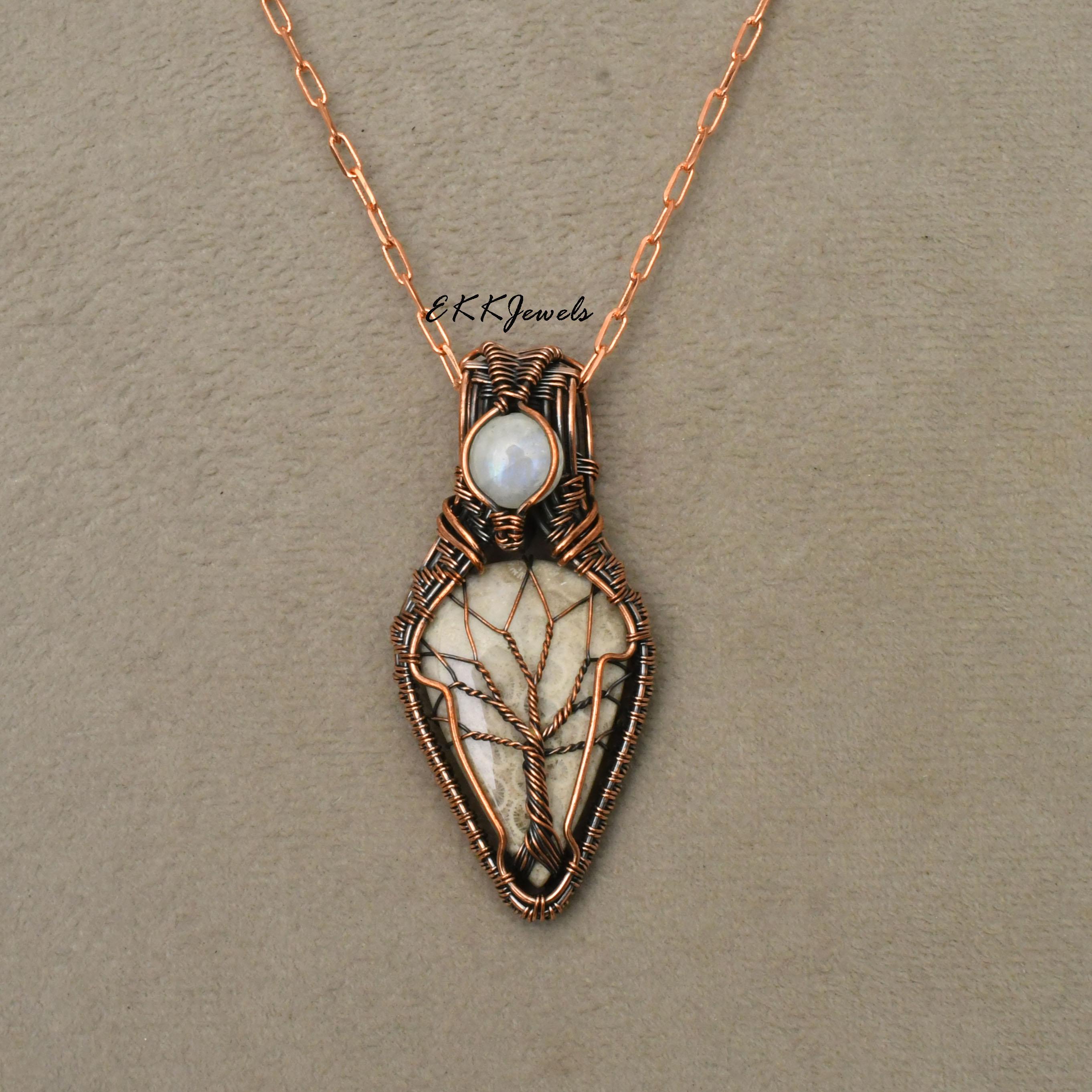 EkkJewels Handmade Fossil Coral Pendant Copper Wire Wrapped Necklace