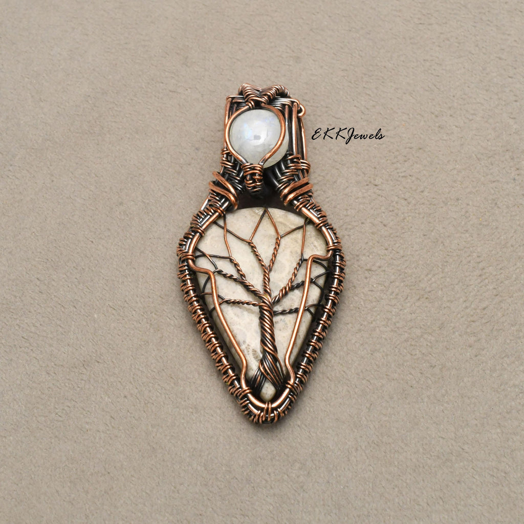 EkkJewels Handmade Fossil Coral Pendant Copper Wire Wrapped Necklace