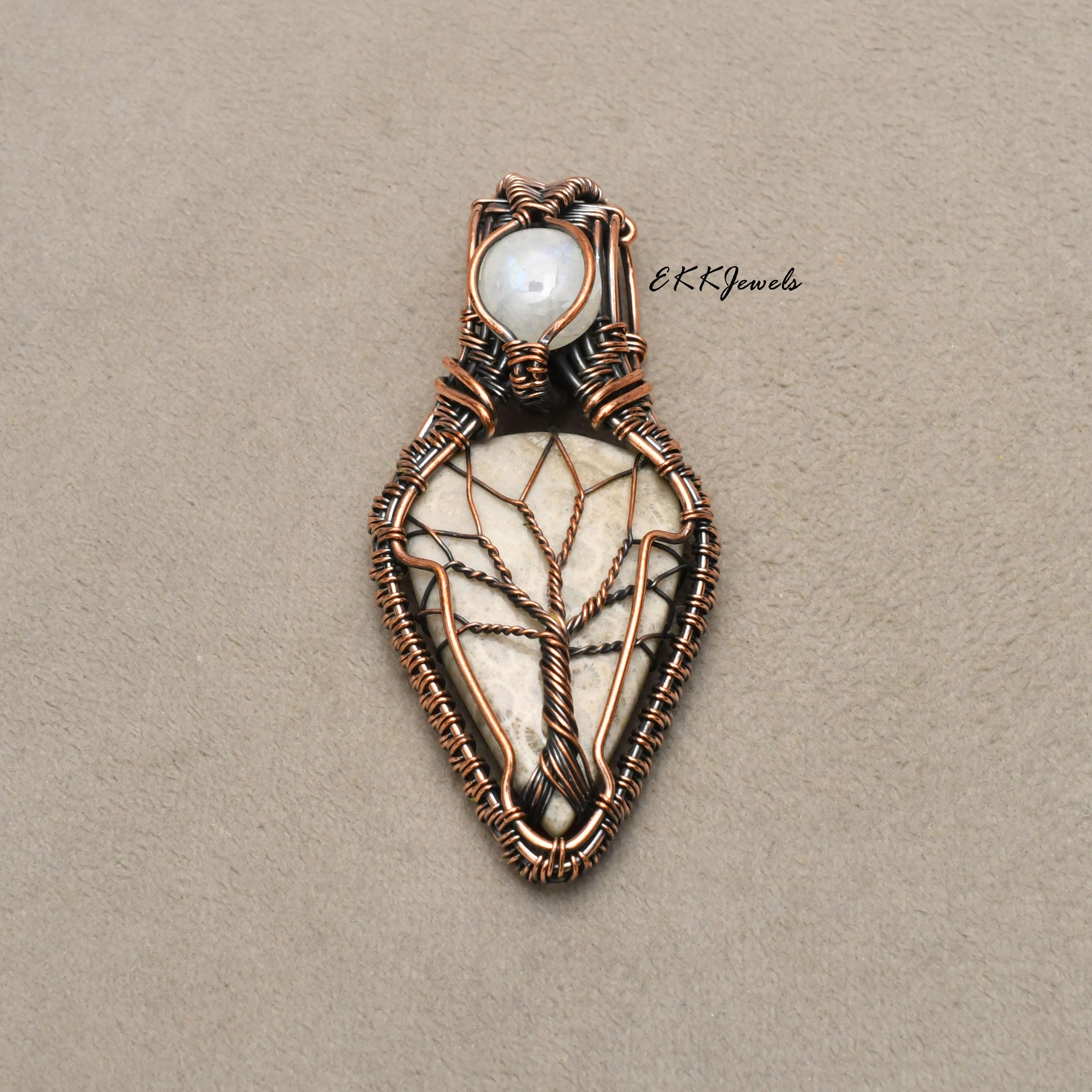 EkkJewels Handmade Fossil Coral Pendant Copper Wire Wrapped Necklace