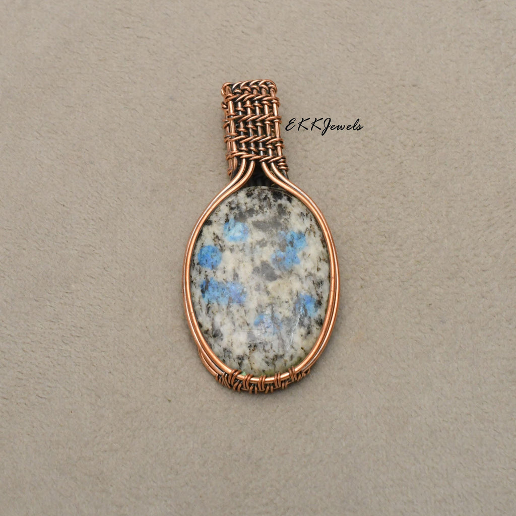 Handmade K2 Azurite Pendant: Copper Wire Wrapped Necklace Jewelry