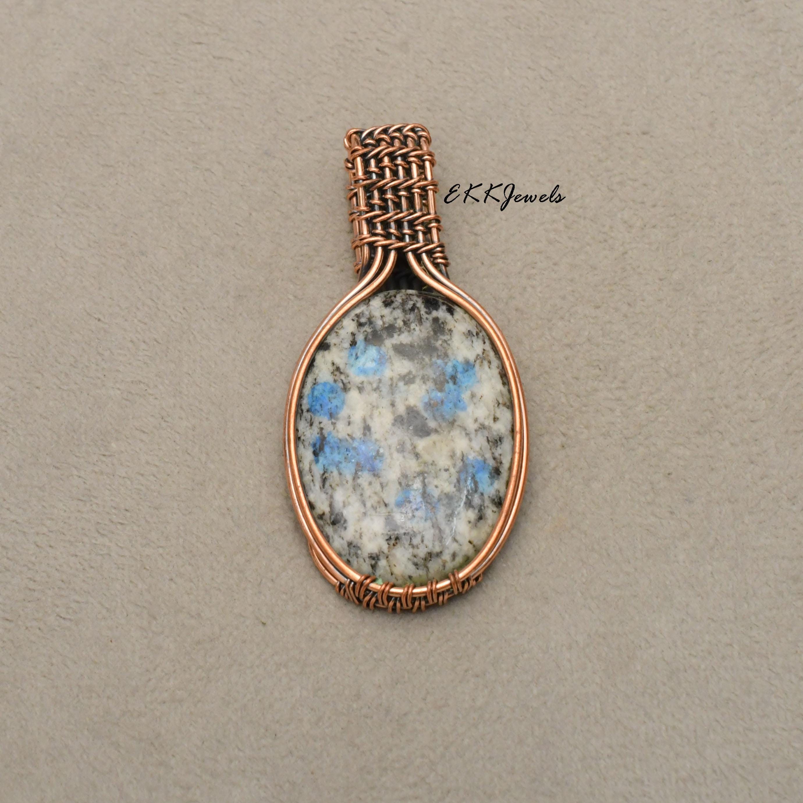Handmade K2 Azurite Pendant: Copper Wire Wrapped Necklace Jewelry