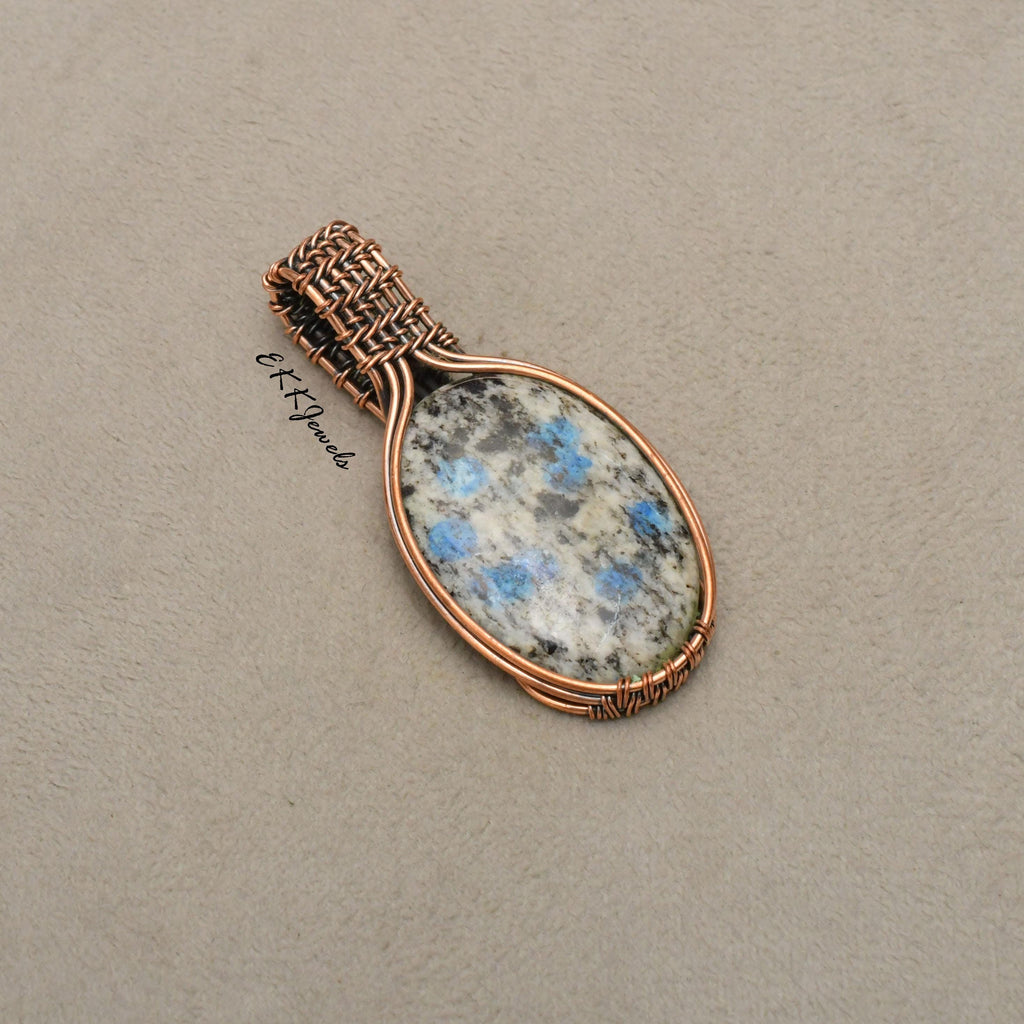 Handmade K2 Azurite Pendant: Copper Wire Wrapped Necklace Jewelry