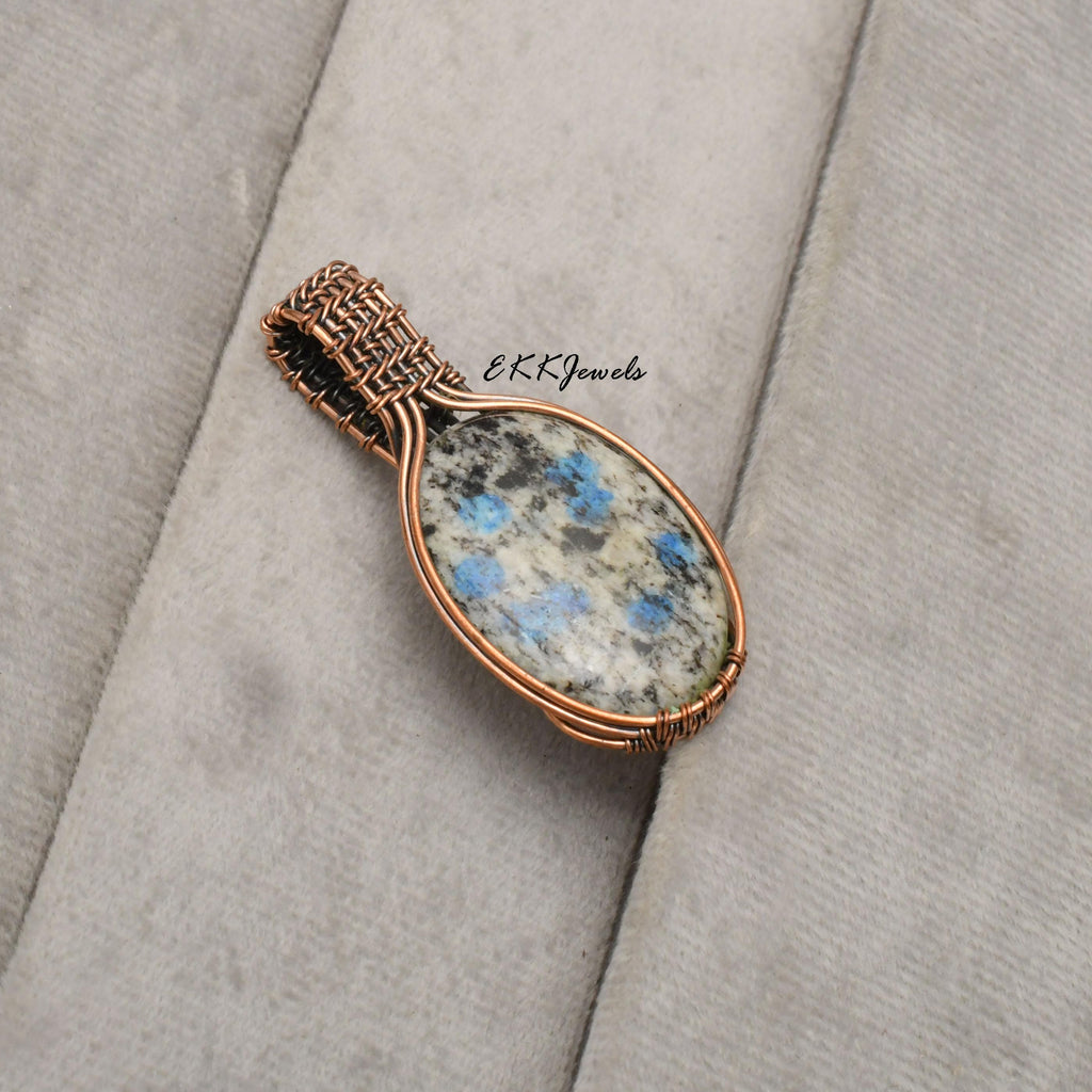 Handmade K2 Azurite Pendant: Copper Wire Wrapped Necklace Jewelry