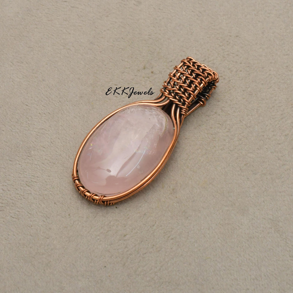 EkkJewels Handmade Rose Quartz Pendant Necklace Copper Wire Wrapped