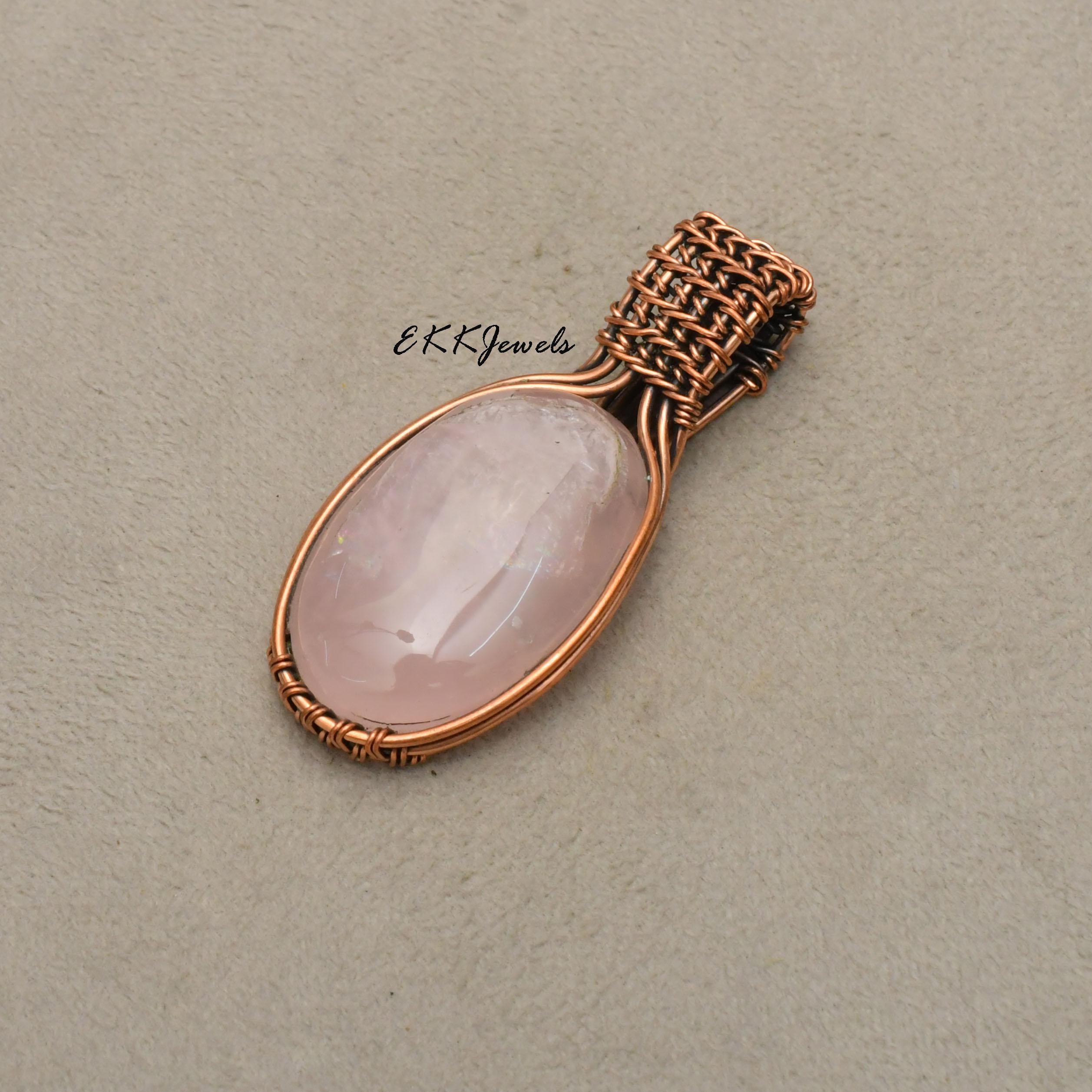 EkkJewels Handmade Rose Quartz Pendant Necklace Copper Wire Wrapped