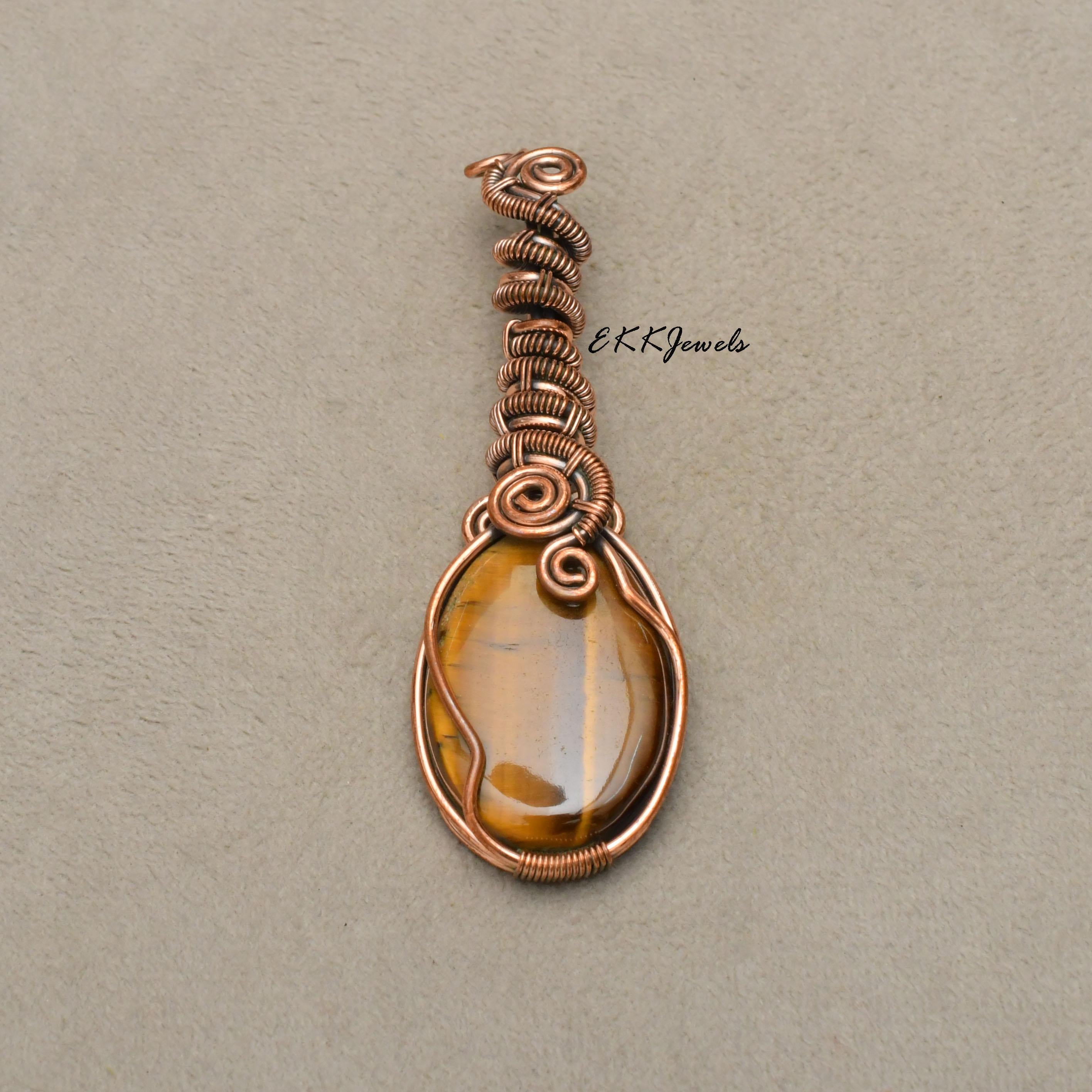 EkkJewels Handmade Tiger's Eye Pendant Copper Wire Wrapped Necklace