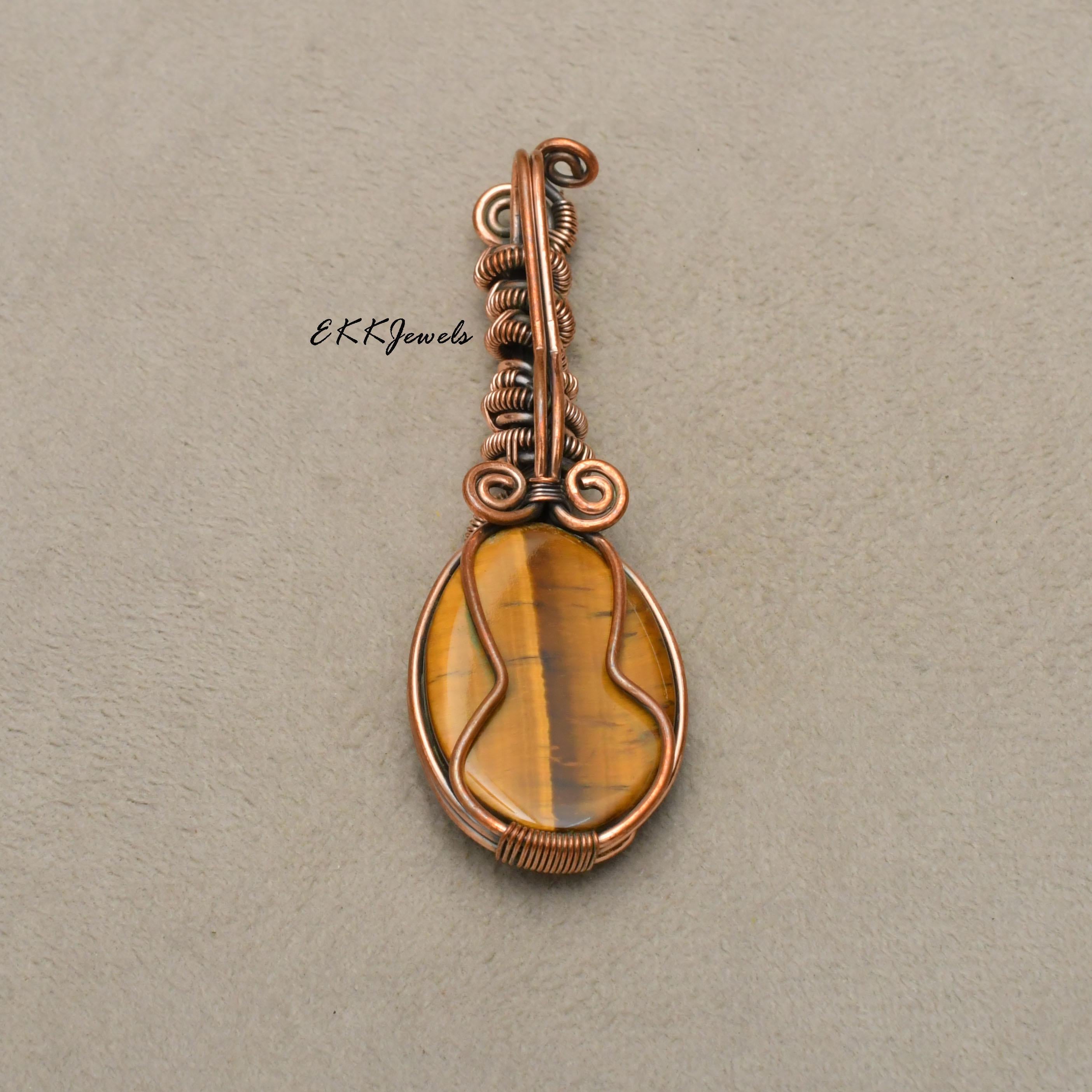 EkkJewels Handmade Tiger's Eye Pendant Copper Wire Wrapped Necklace
