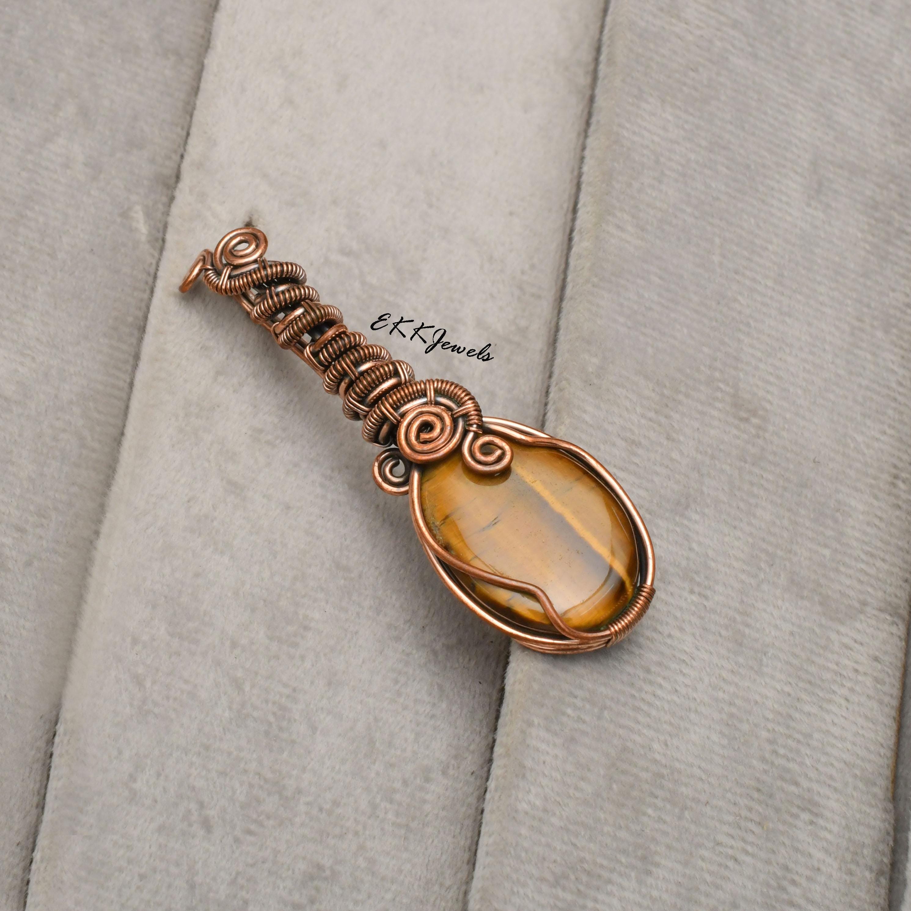 EkkJewels Handmade Tiger's Eye Pendant Copper Wire Wrapped Necklace
