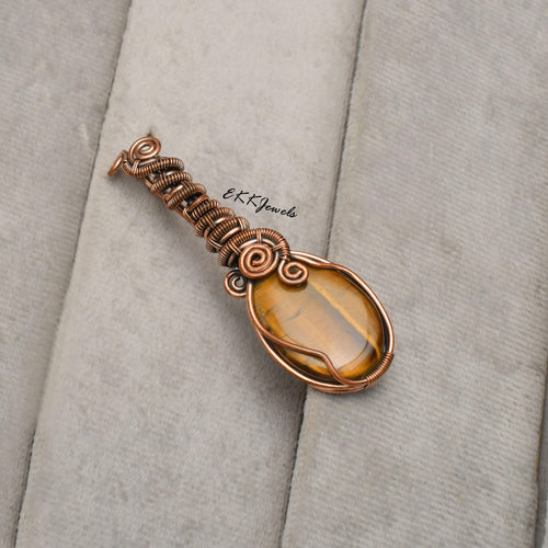 EkkJewels Handmade Tiger's Eye Pendant Copper Wire Wrapped Necklace