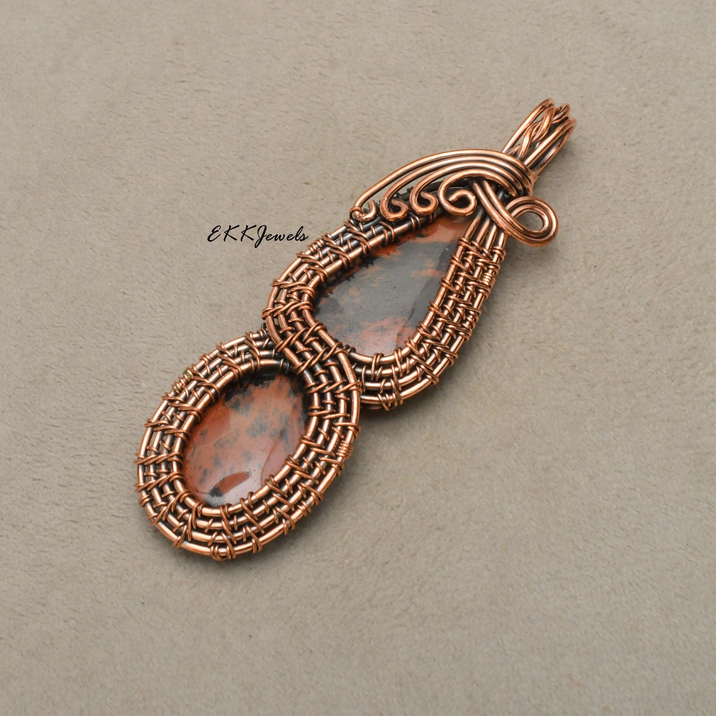 EkkJewels Handmade Copper Wire Wrapped Mahogany Obsidian Pendant Necklace