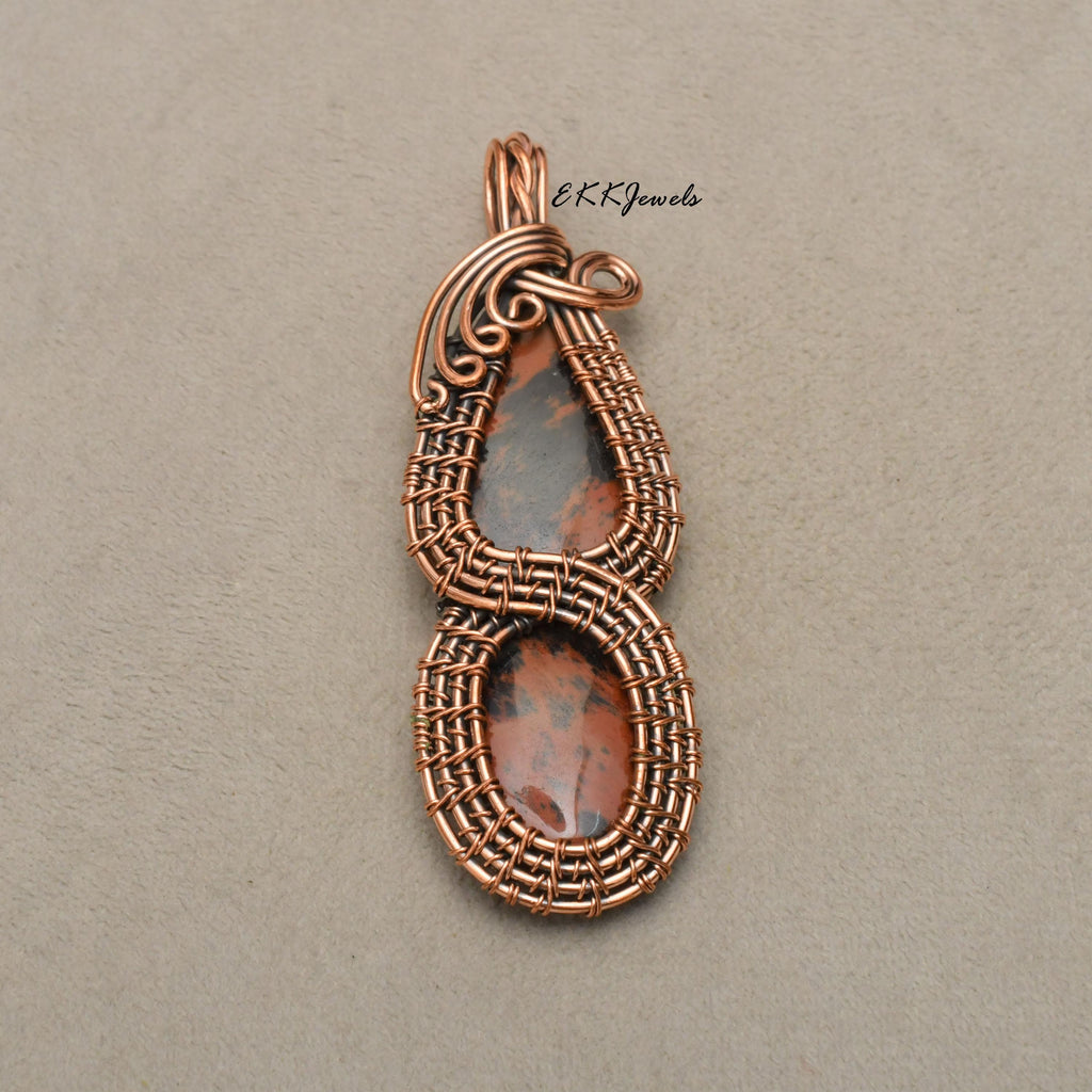 EkkJewels Handmade Copper Wire Wrapped Mahogany Obsidian Pendant Necklace