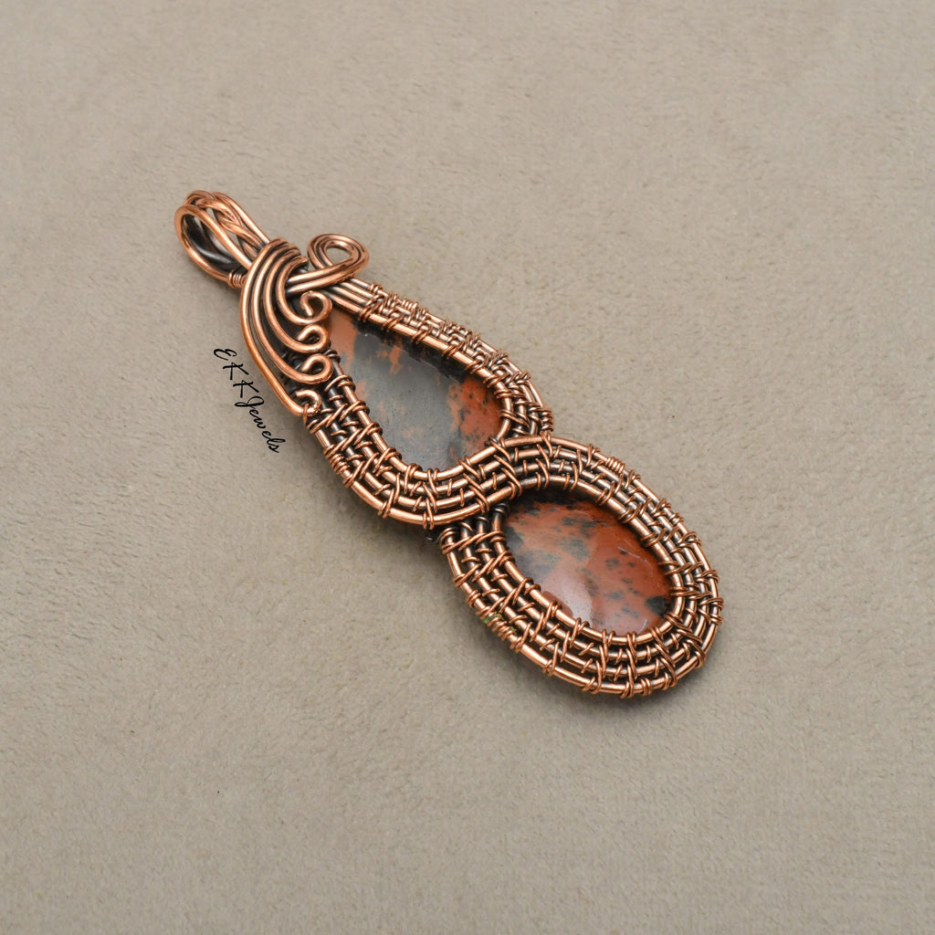 EkkJewels Handmade Copper Wire Wrapped Mahogany Obsidian Pendant Necklace