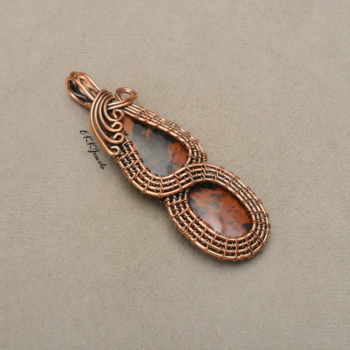 EkkJewels Handmade Copper Wire Wrapped Mahogany Obsidian Pendant Necklace