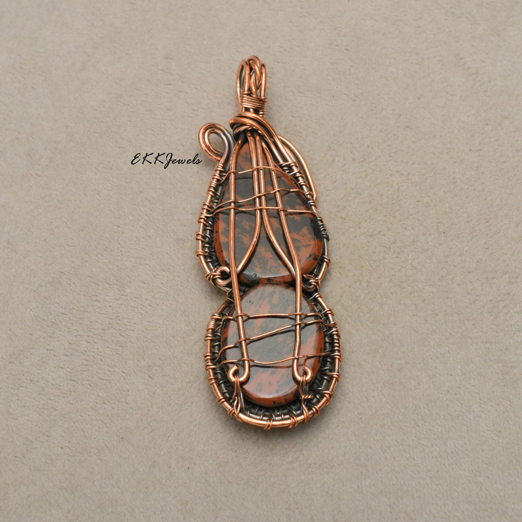 EkkJewels Handmade Copper Wire Wrapped Mahogany Obsidian Pendant Necklace