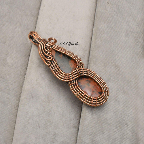 EkkJewels Handmade Copper Wire Wrapped Mahogany Obsidian Pendant Necklace