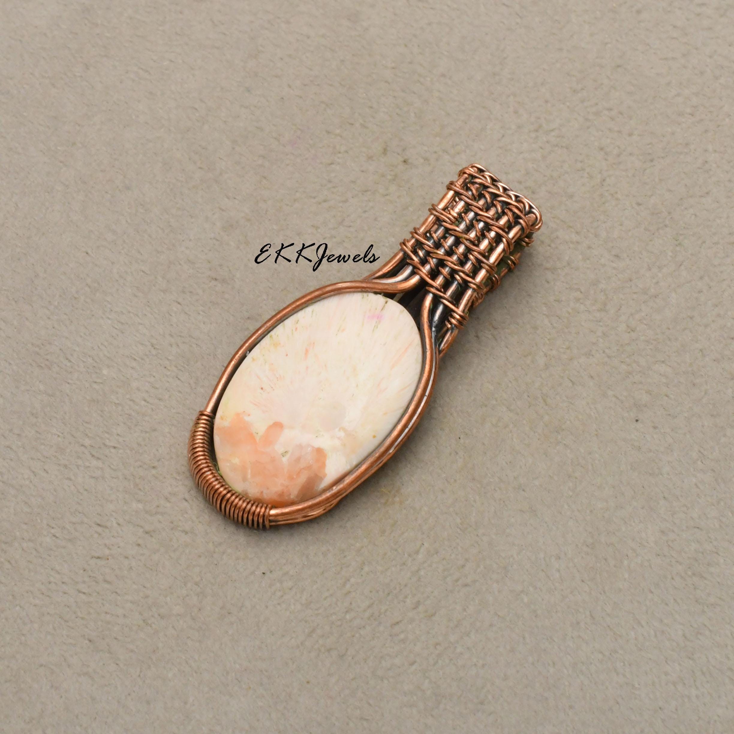 EkkJewels Handmade Scolecite Copper Wire Wrapped Pendant Necklace