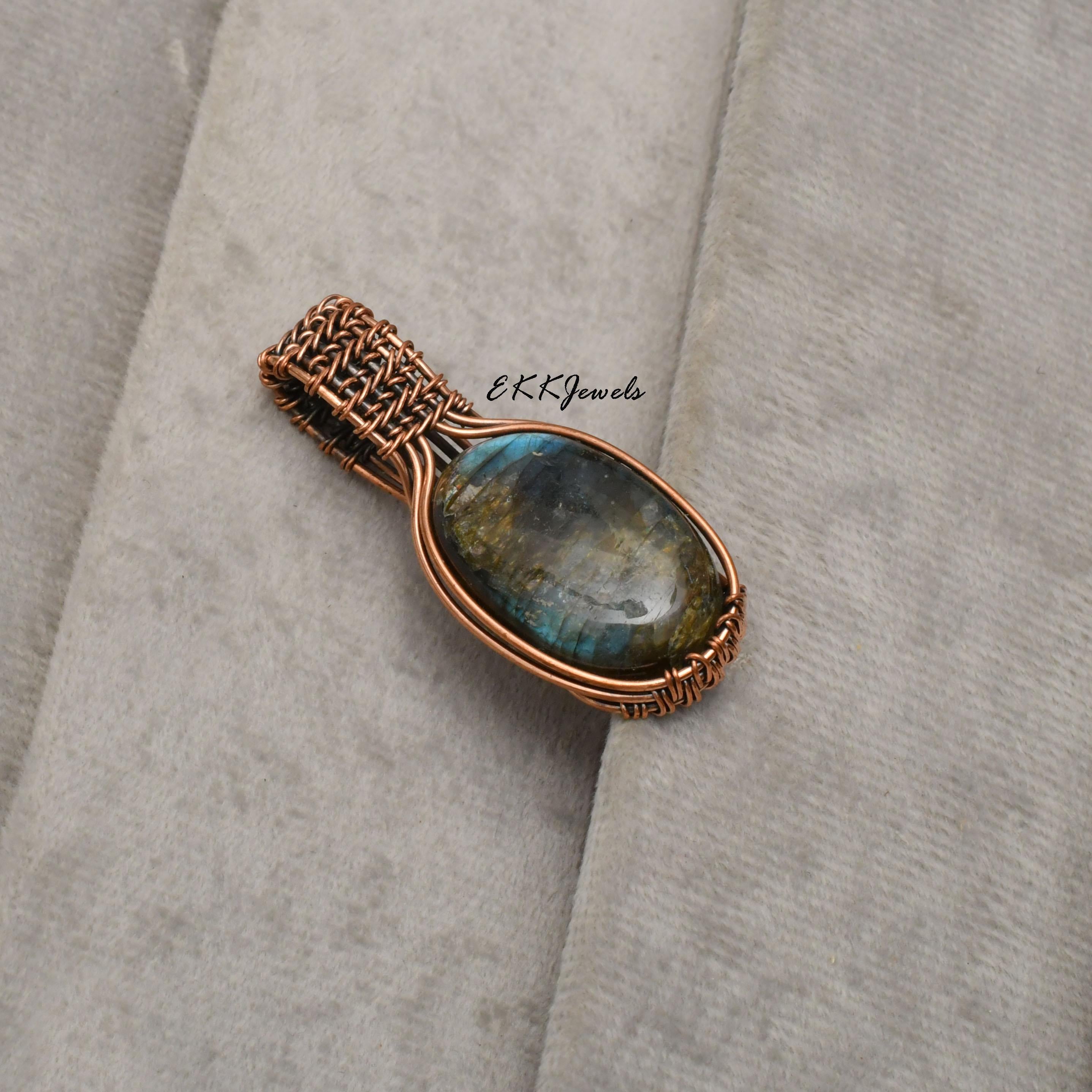 EkkJewels Handmade Copper Wire Wrapped Labradorite Pendant Necklace