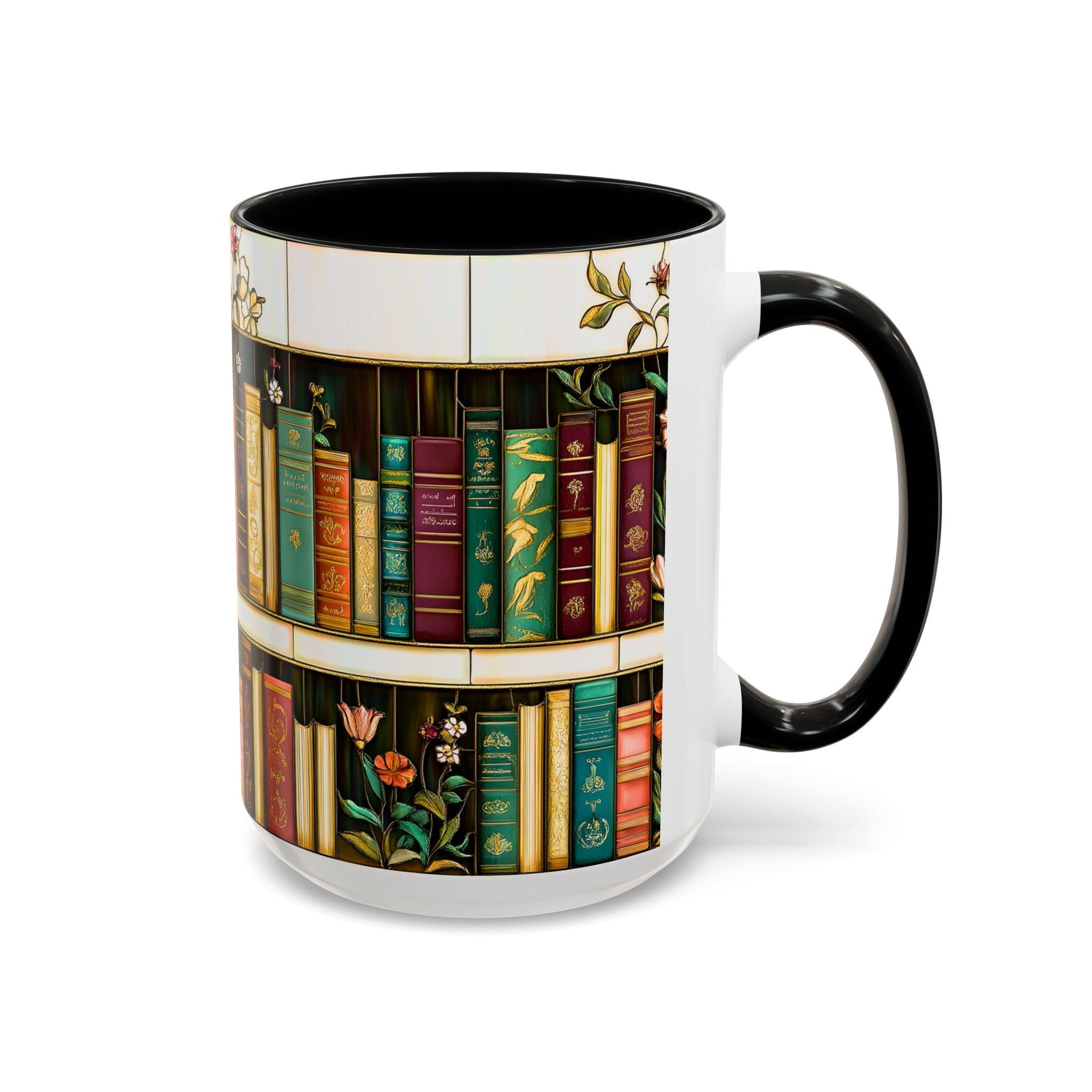 LELORESTORE Floral Bookshelf Stained Glass Ceramic Mug Book Lover Gift