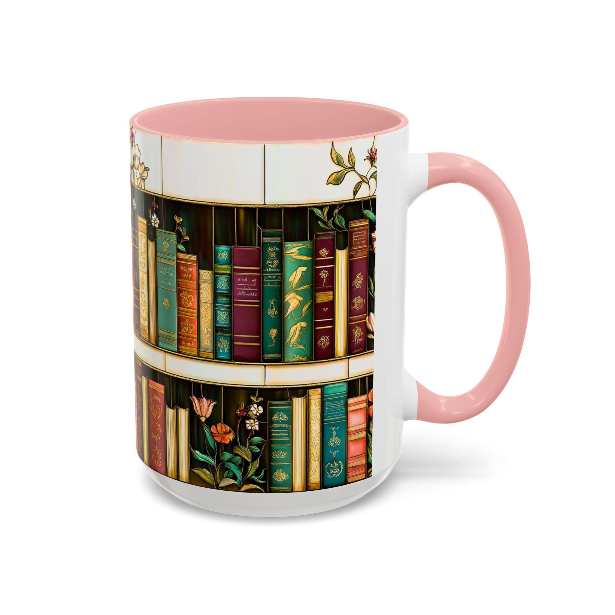 LELORESTORE Floral Bookshelf Stained Glass Ceramic Mug Book Lover Gift