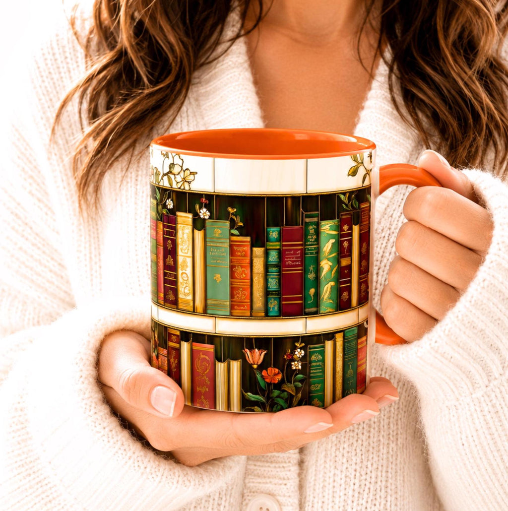 LELORESTORE Floral Bookshelf Stained Glass Ceramic Mug Book Lover Gift