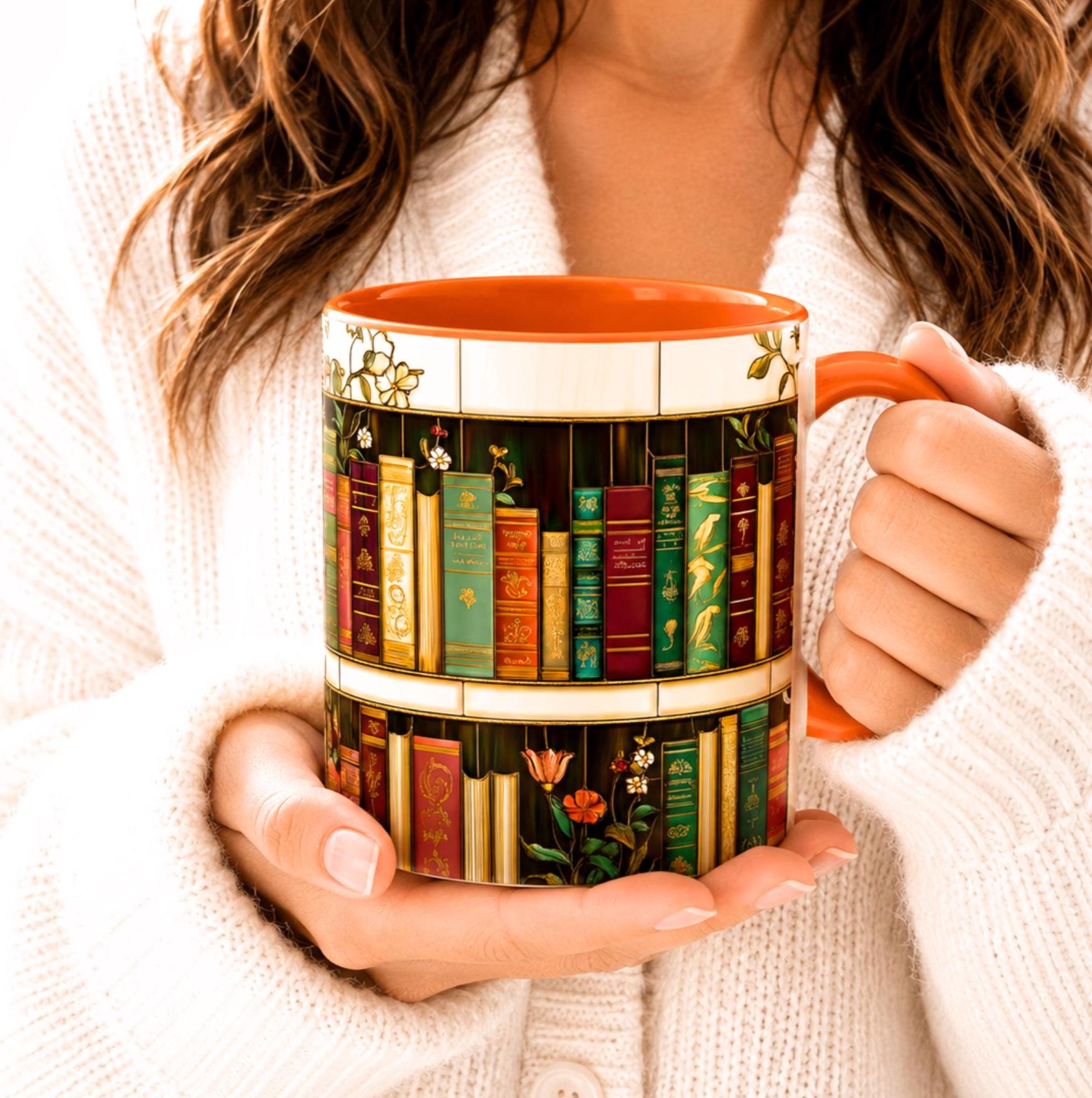 LELORESTORE Floral Bookshelf Stained Glass Ceramic Mug Book Lover Gift