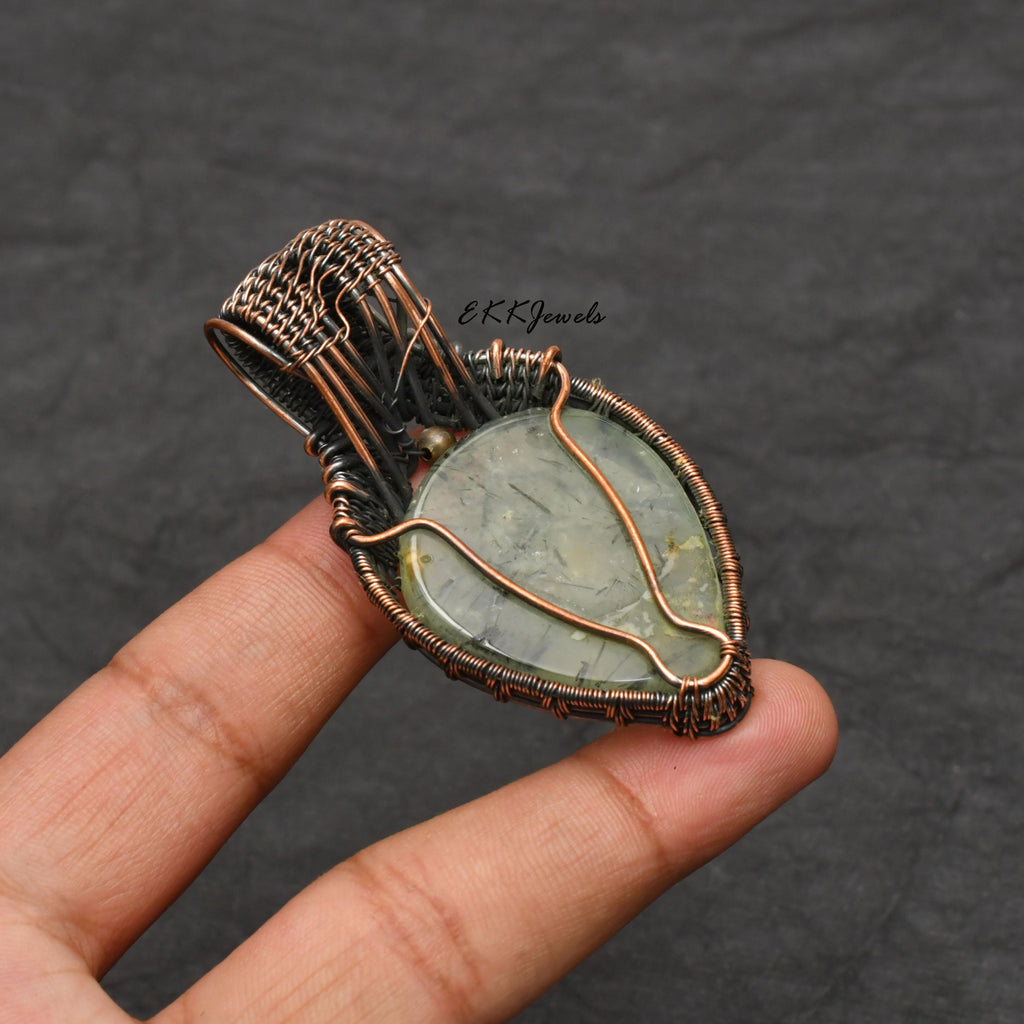 Handmade Copper Wire Wrapped Prehnite Pendant Necklace Jewelry