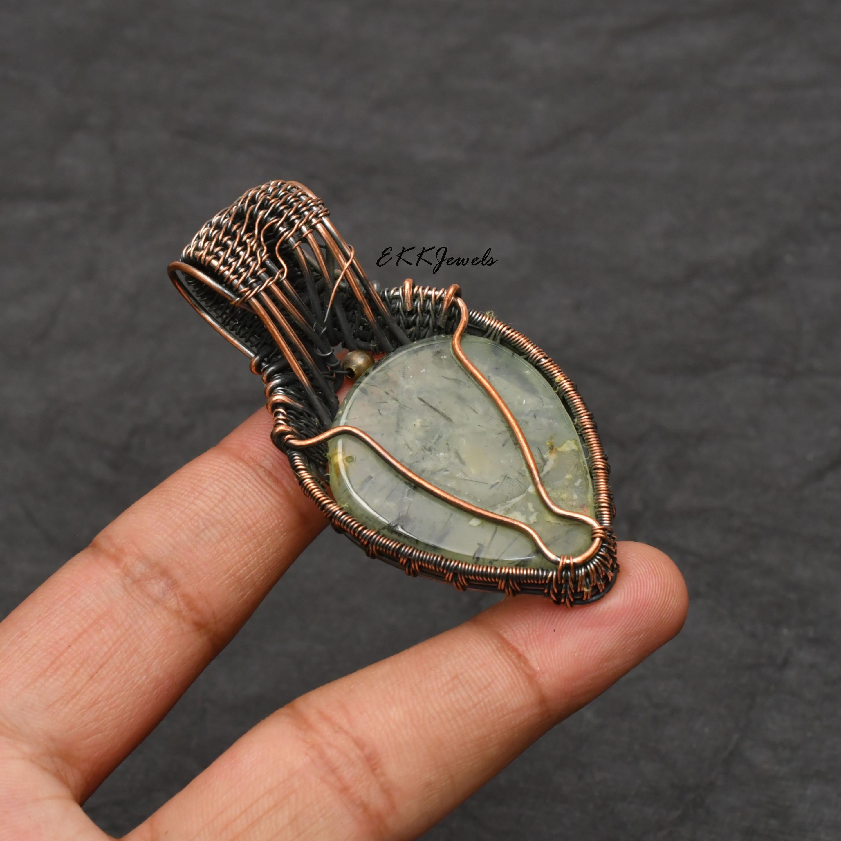 Handmade Copper Wire Wrapped Prehnite Pendant Necklace Jewelry