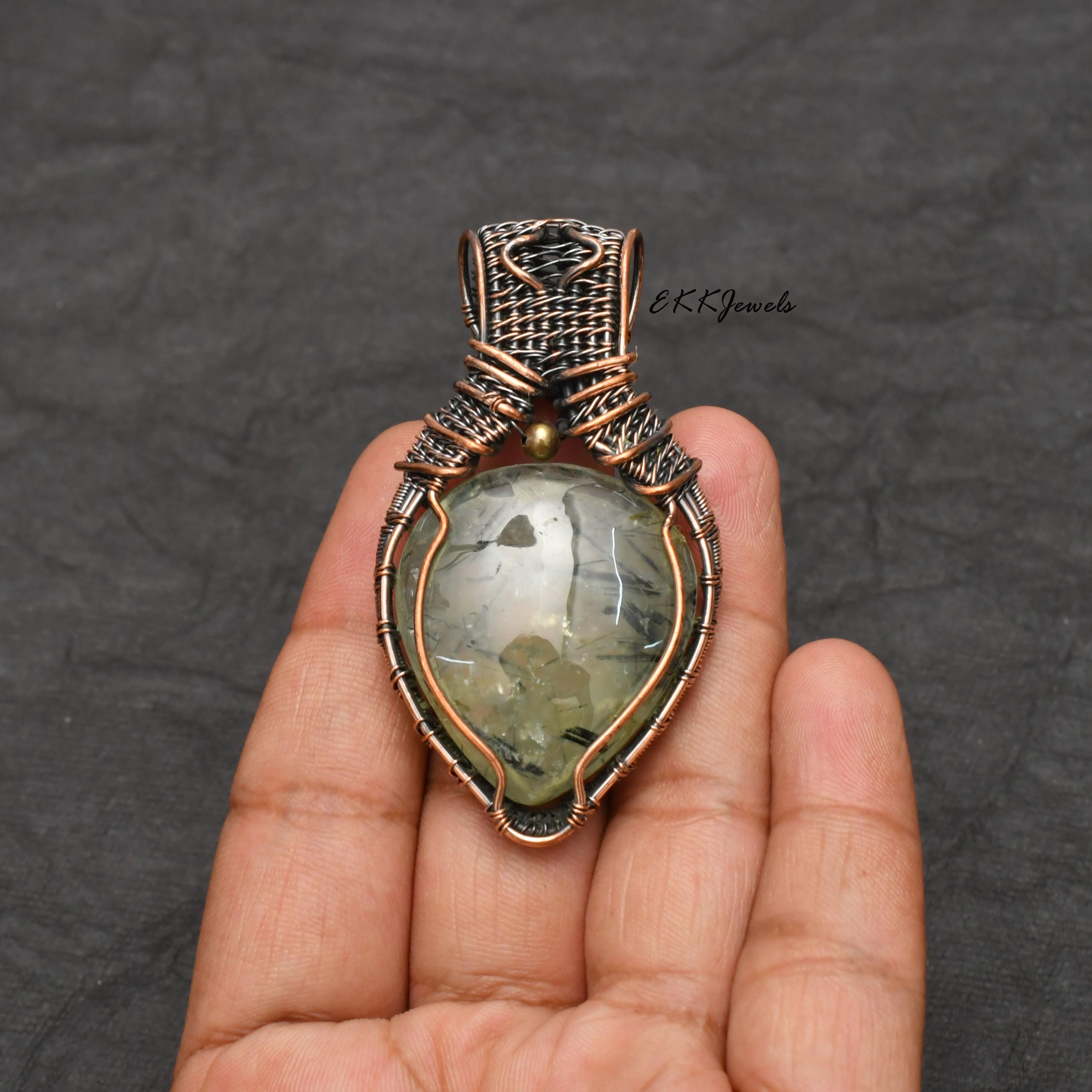 Handmade Copper Wire Wrapped Prehnite Pendant Necklace Jewelry