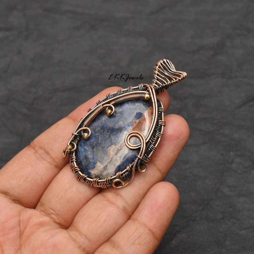 EkkJewels Handmade Copper Wire Wrapped Sodalite Pendant Necklace