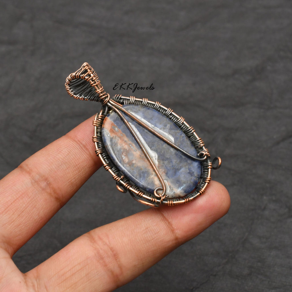 EkkJewels Handmade Copper Wire Wrapped Sodalite Pendant Necklace