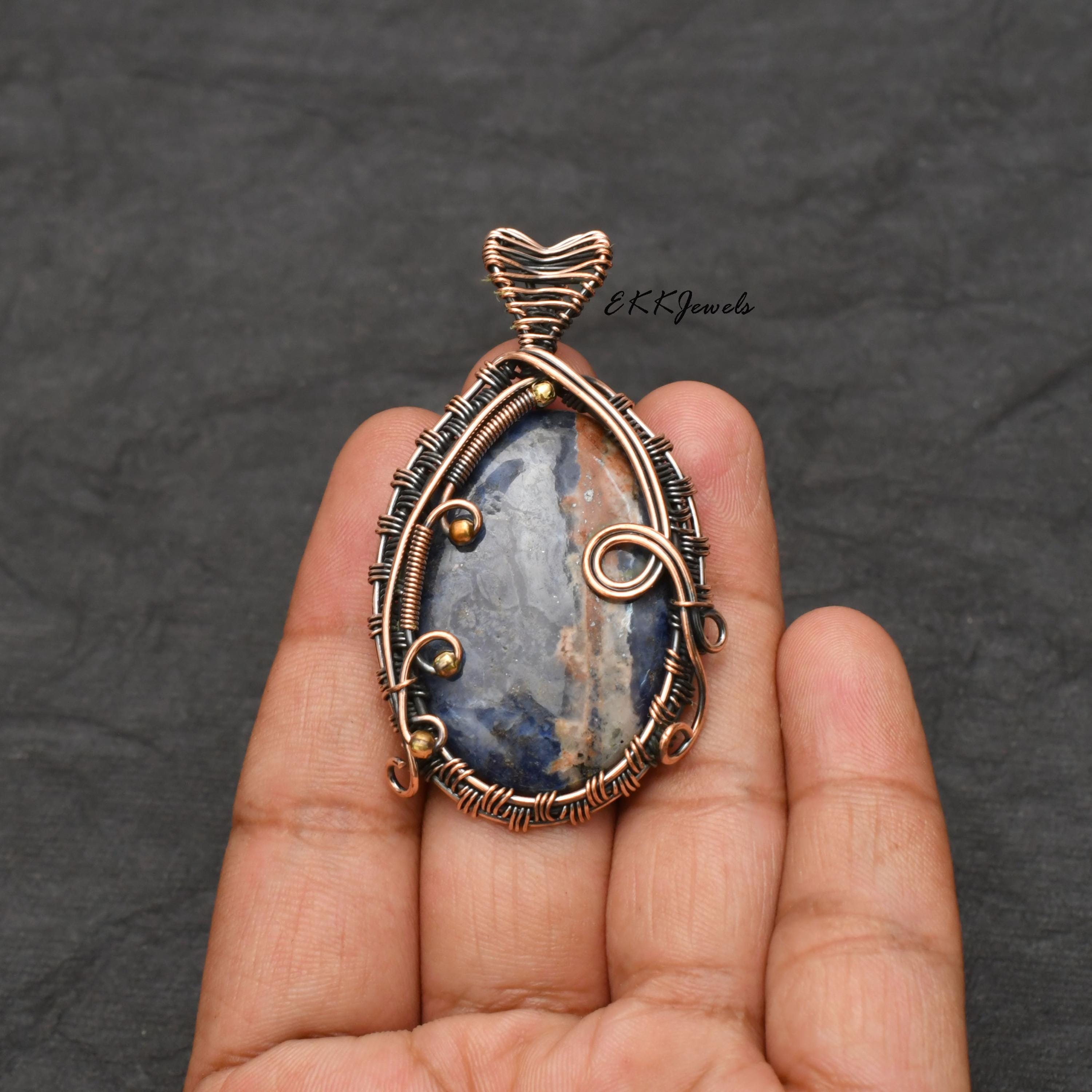 EkkJewels Handmade Copper Wire Wrapped Sodalite Pendant Necklace