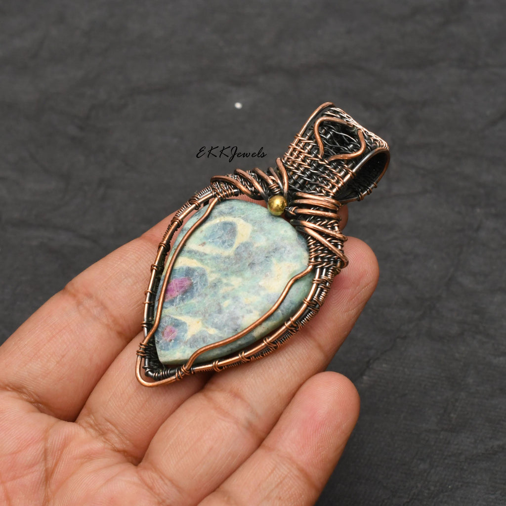 Handmade Copper Wire Wrapped Ruby Fuchsite Pendant Necklace Jewelry