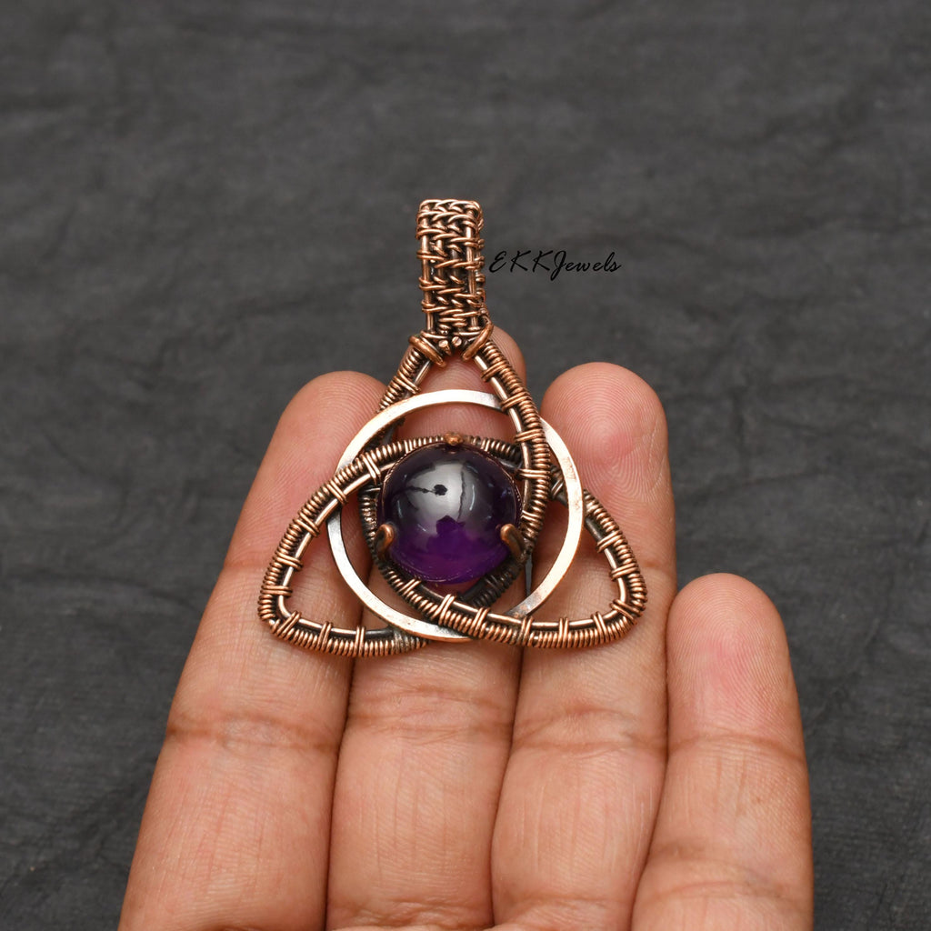 EkkJewels Handmade Copper Wire Wrapped Amethyst Pendant Necklace