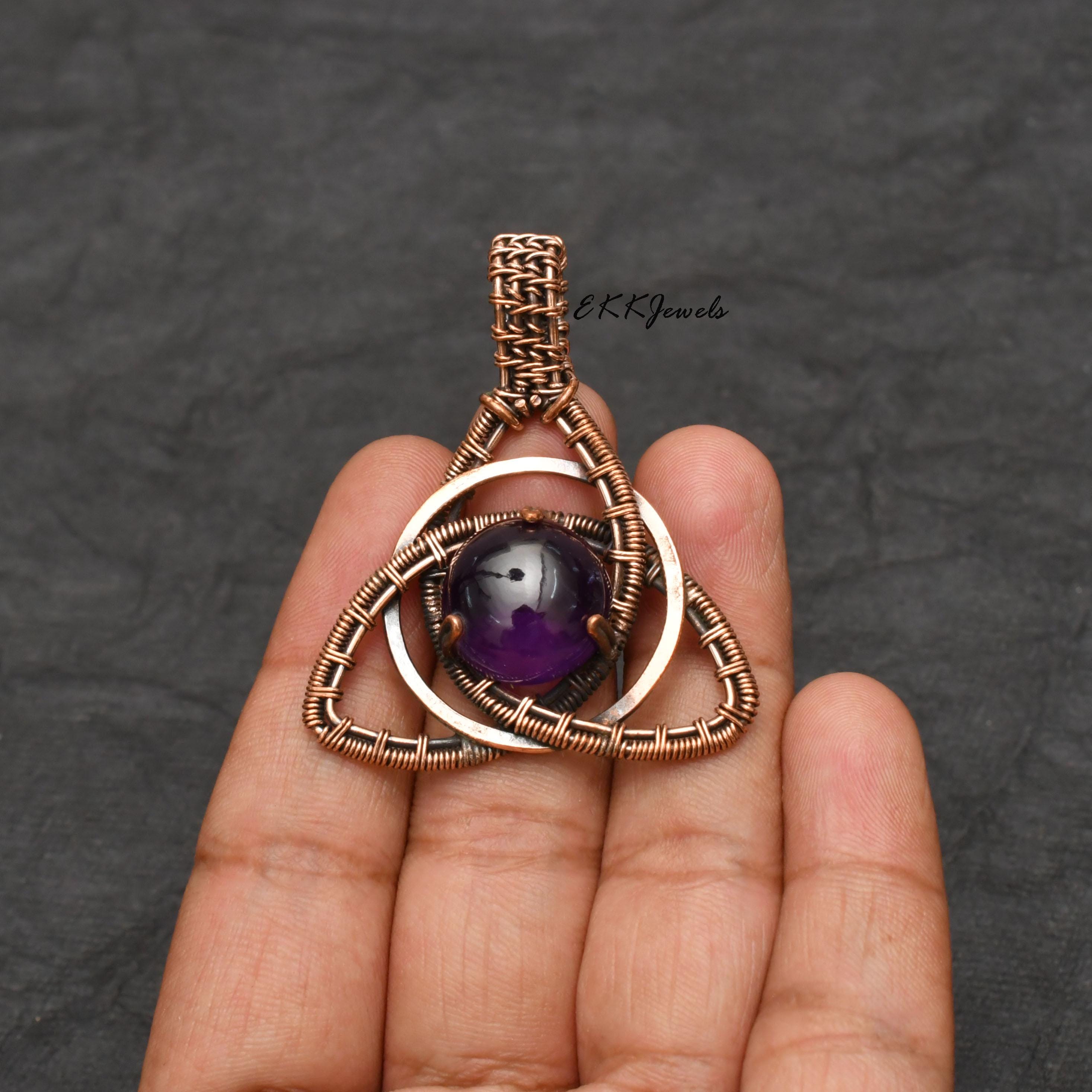 EkkJewels Handmade Copper Wire Wrapped Amethyst Pendant Necklace