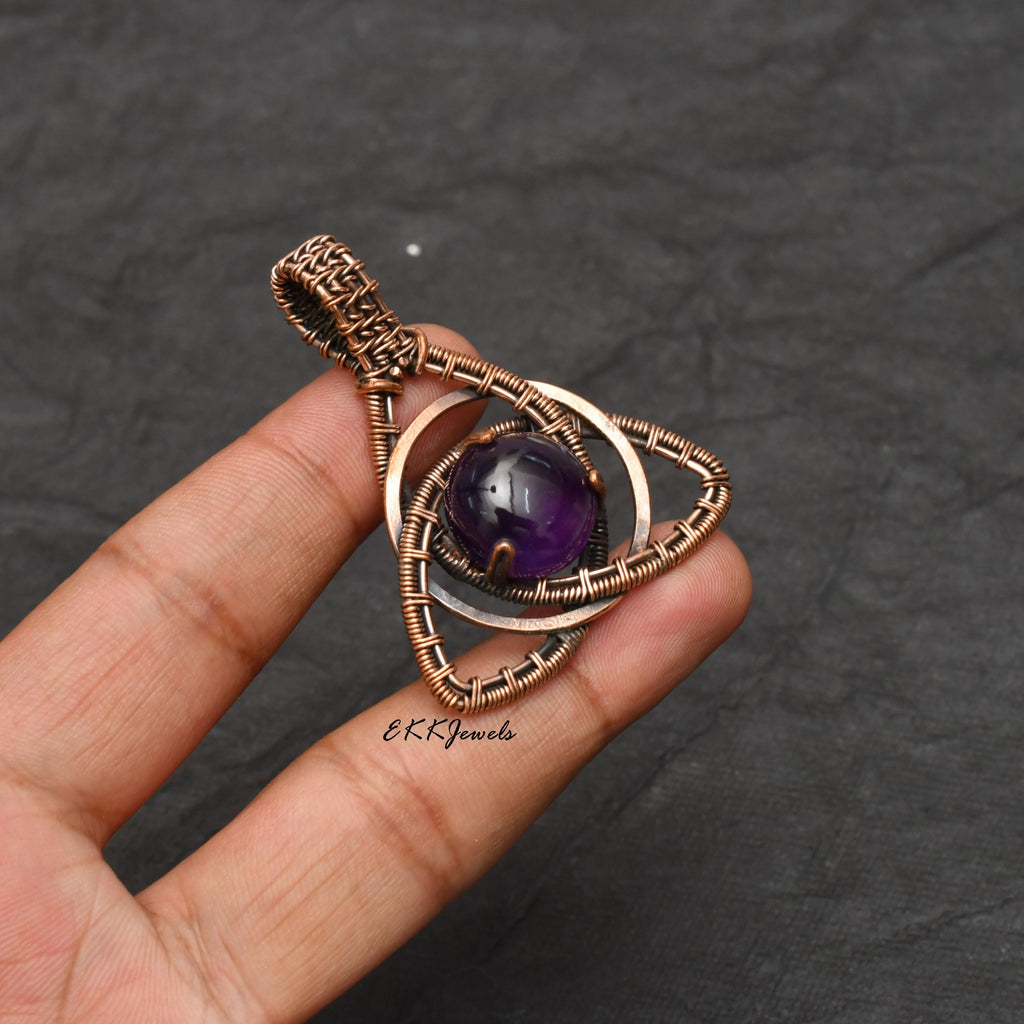 EkkJewels Handmade Copper Wire Wrapped Amethyst Pendant Necklace