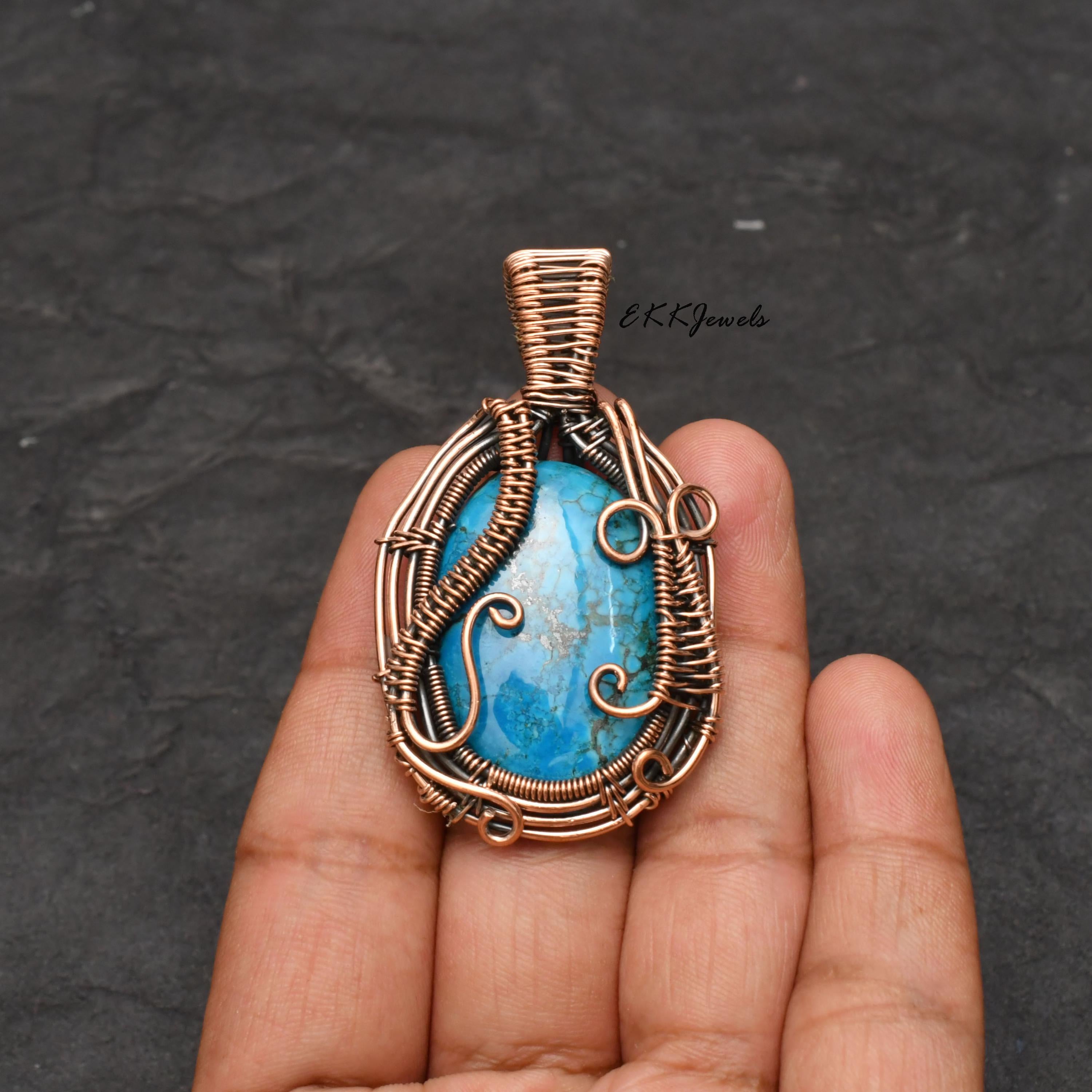 EkkJewels Handmade Copper Wire Wrapped Turquoise Pendant Necklace