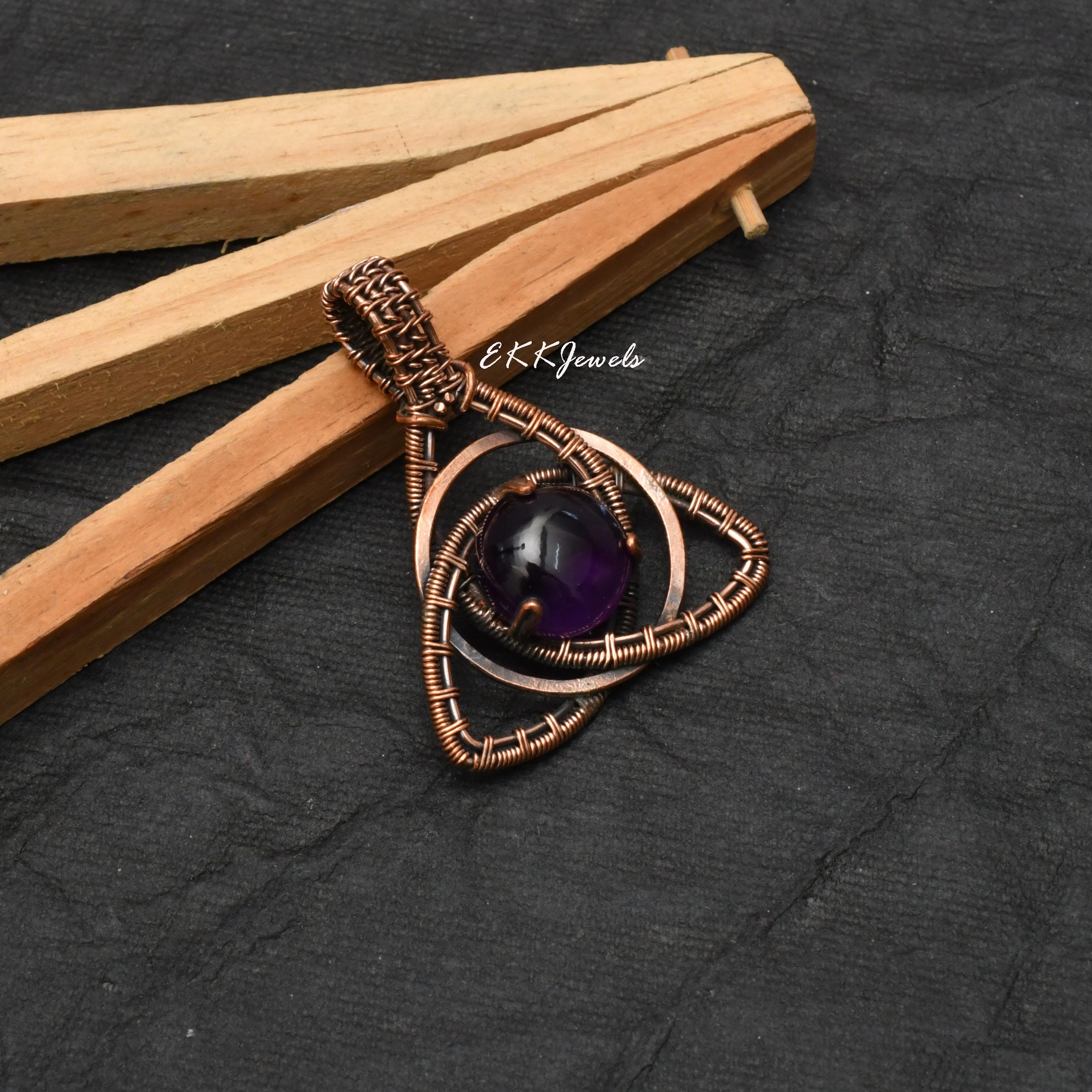 EkkJewels Handmade Copper Wire Wrapped Amethyst Pendant Necklace
