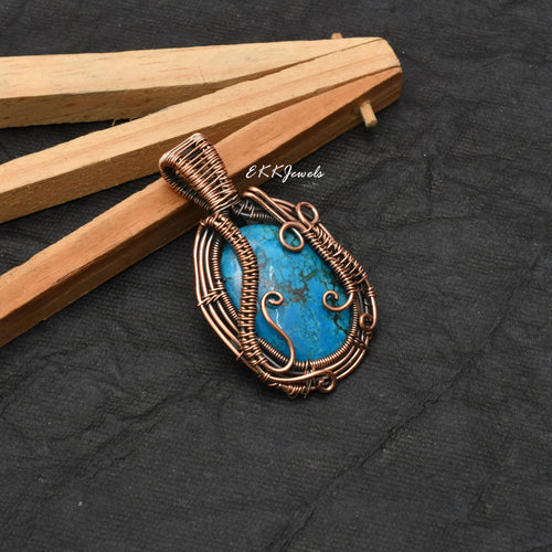 EkkJewels Handmade Copper Wire Wrapped Turquoise Pendant Necklace