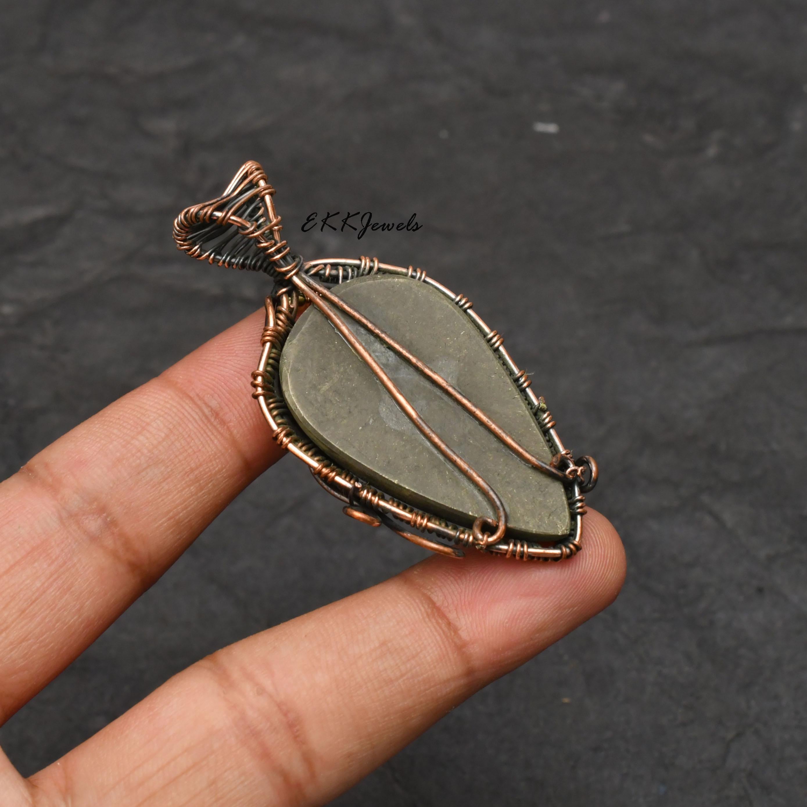 EkkJewels Handmade Copper Wire Wrapped Golden Pyrite Pendant Necklace