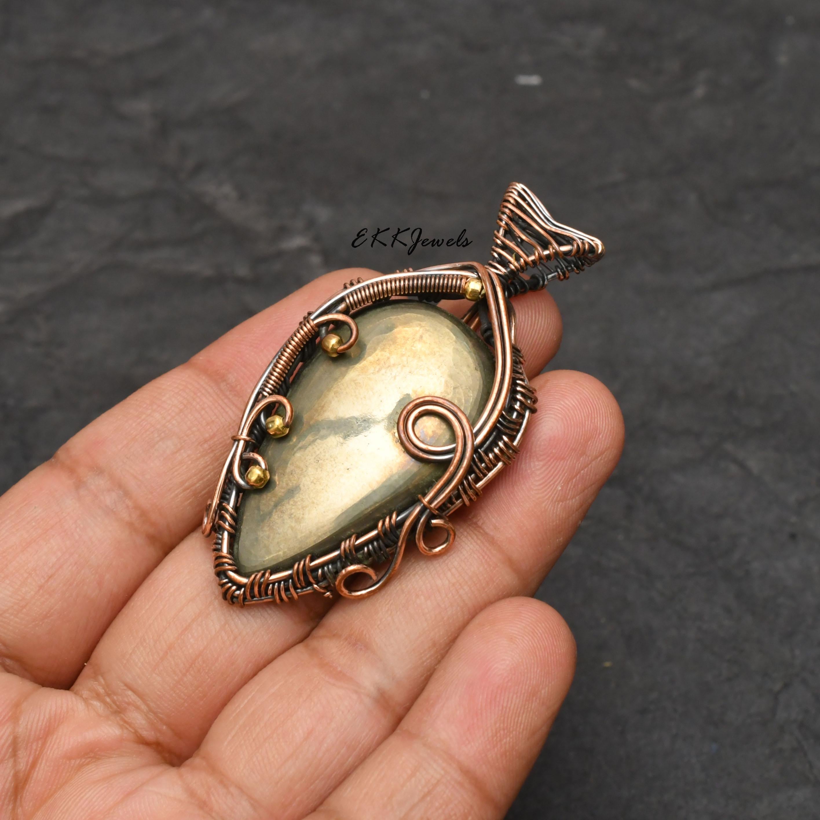 EkkJewels Handmade Copper Wire Wrapped Golden Pyrite Pendant Necklace