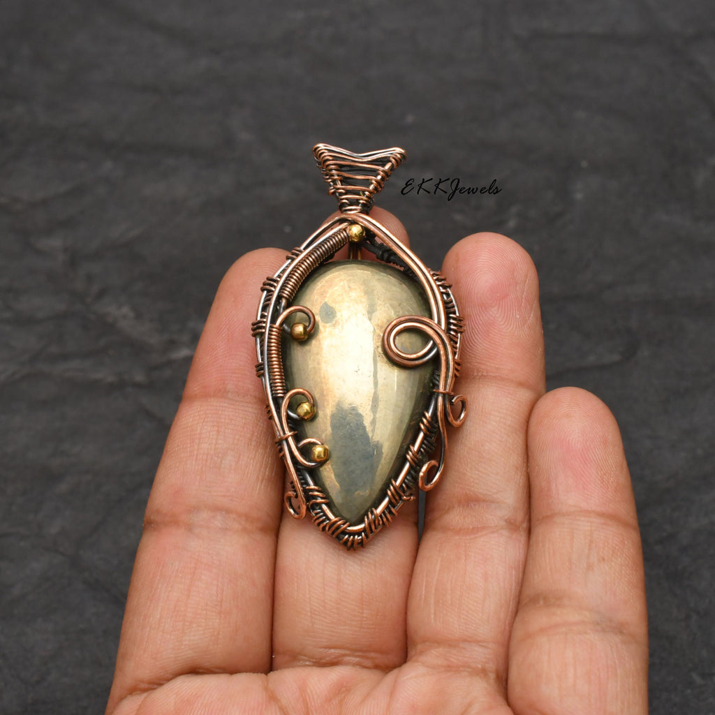 EkkJewels Handmade Copper Wire Wrapped Golden Pyrite Pendant Necklace