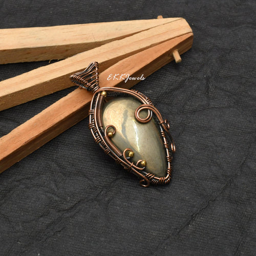 EkkJewels Handmade Copper Wire Wrapped Golden Pyrite Pendant Necklace